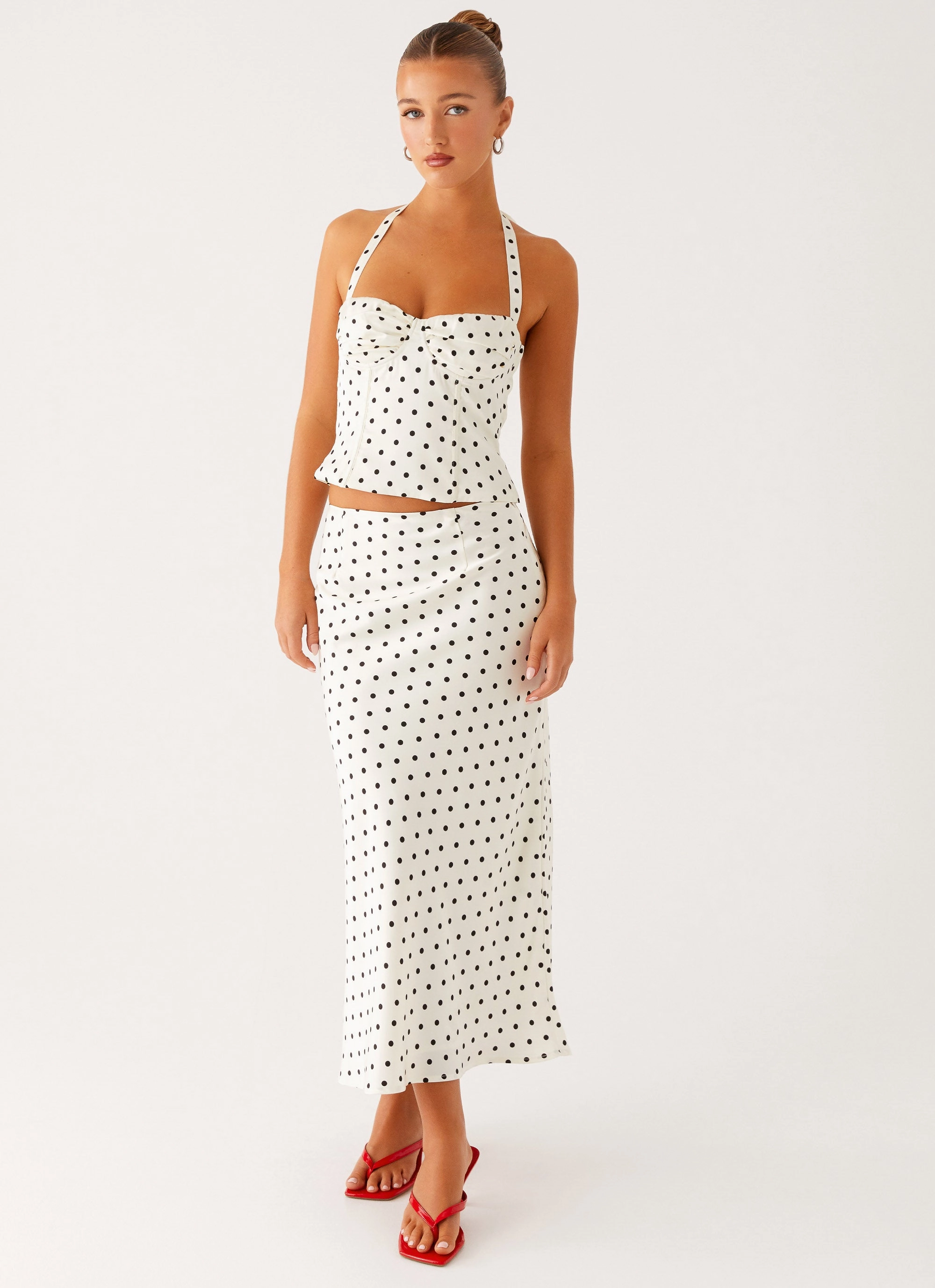 Non Clip Chilly Weather Comfort Breanne Midi Skirt - White Polka Dot