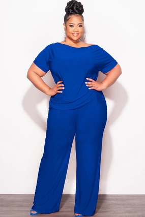 Comfy Texture ReinforcedHemline Final Sale Plus Size 2pc Top and Pants Set in Royal Blue