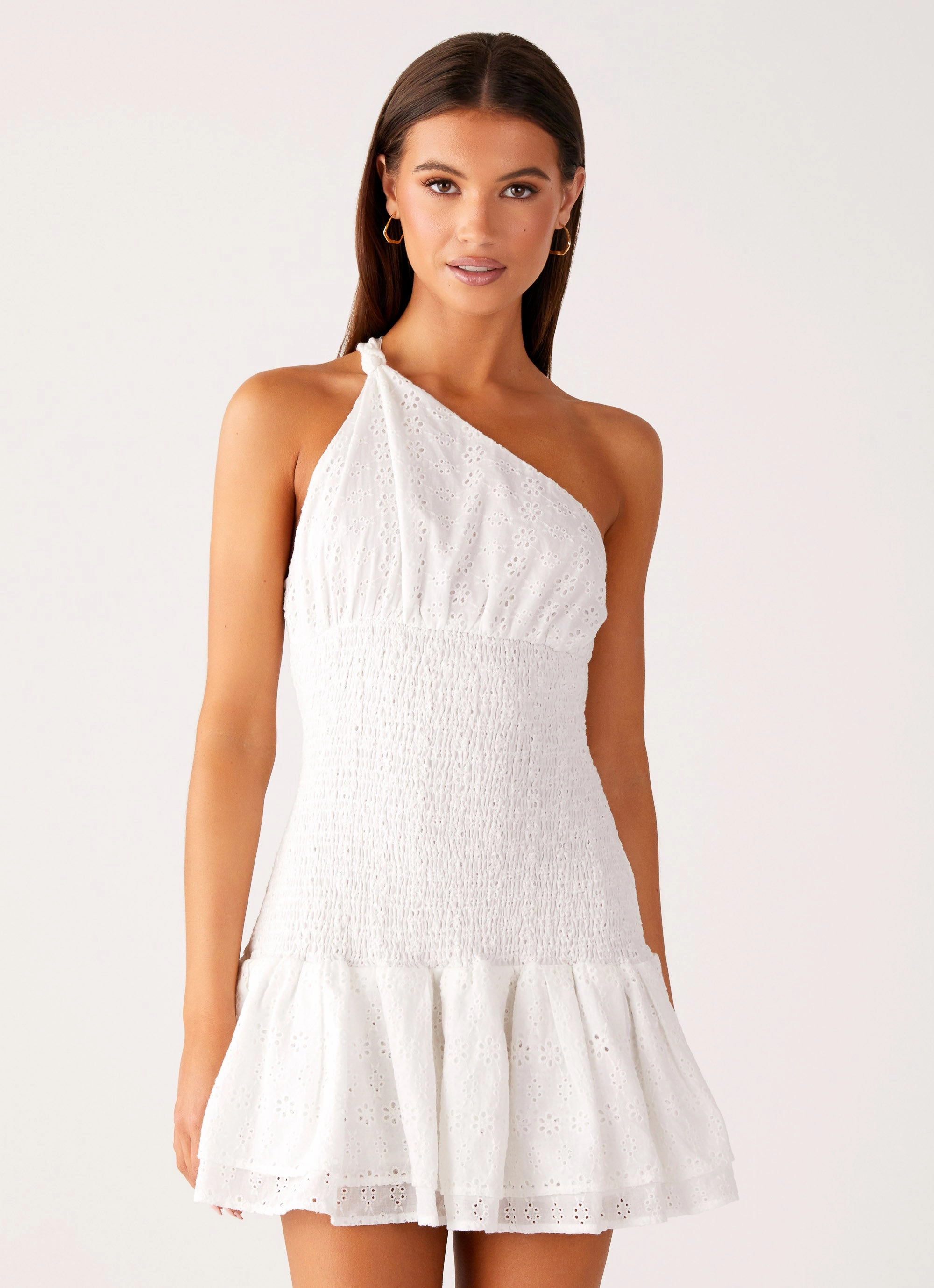 Hestia Drop Waist Shirring Mini Dress - White Formed Look Flowing Layers