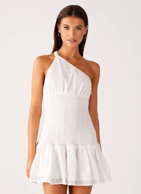 Hestia Drop Waist Shirring Mini Dress - White Formed Look Flowing Layers