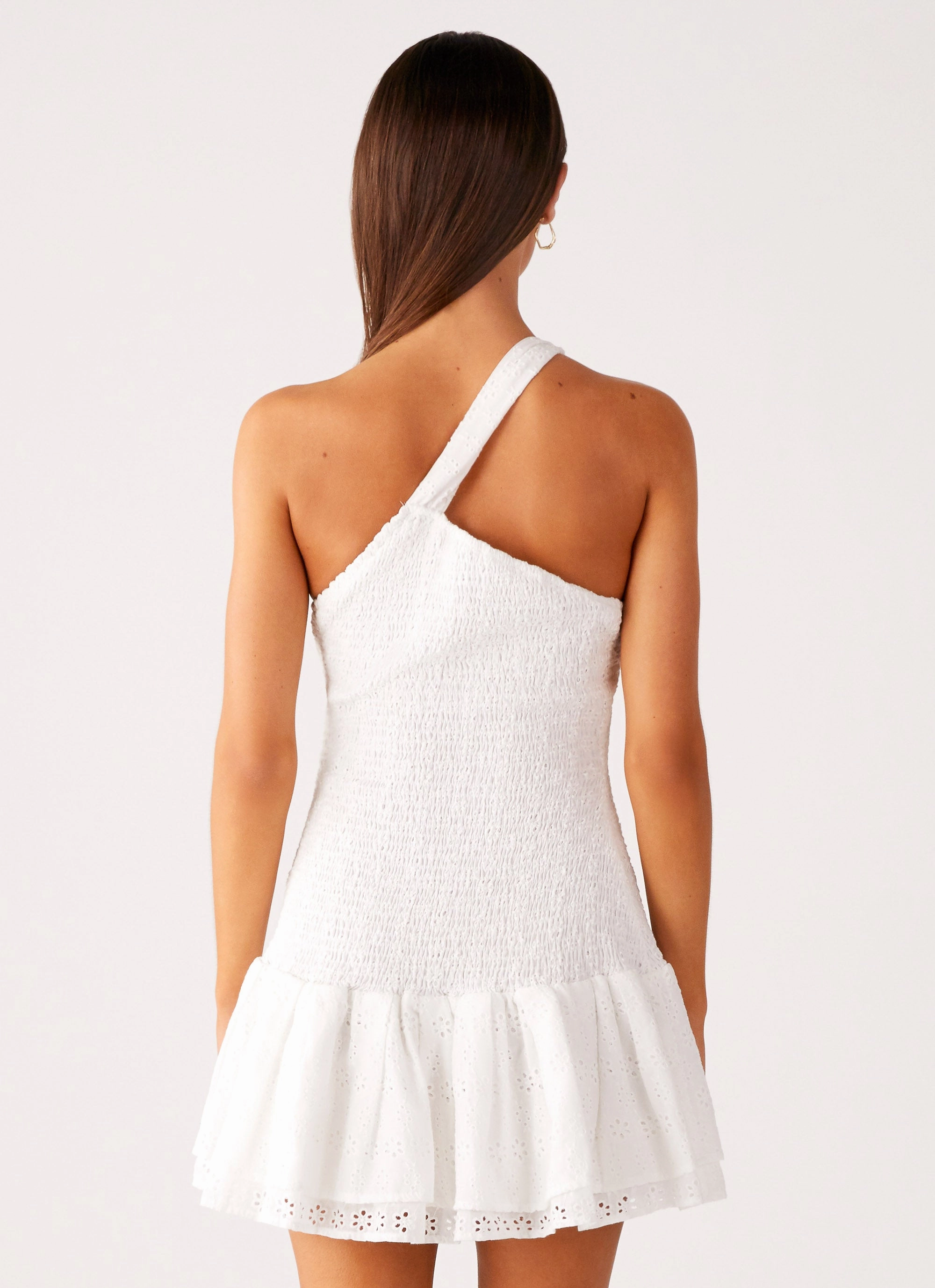 Hestia Drop Waist Shirring Mini Dress - White V-Neck