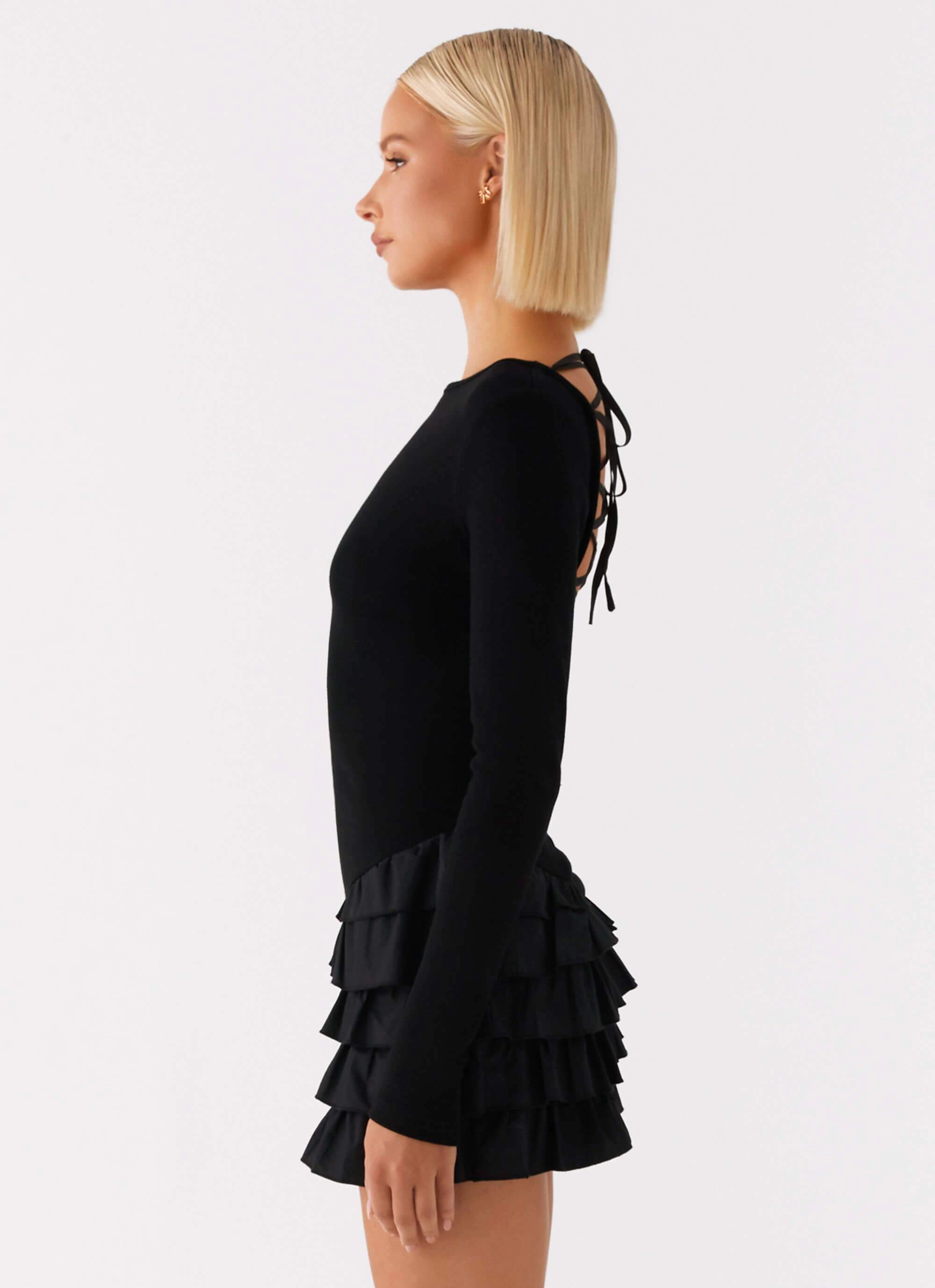 Moon Rising Long Sleeve Mini Dress - Black Perfect Layering