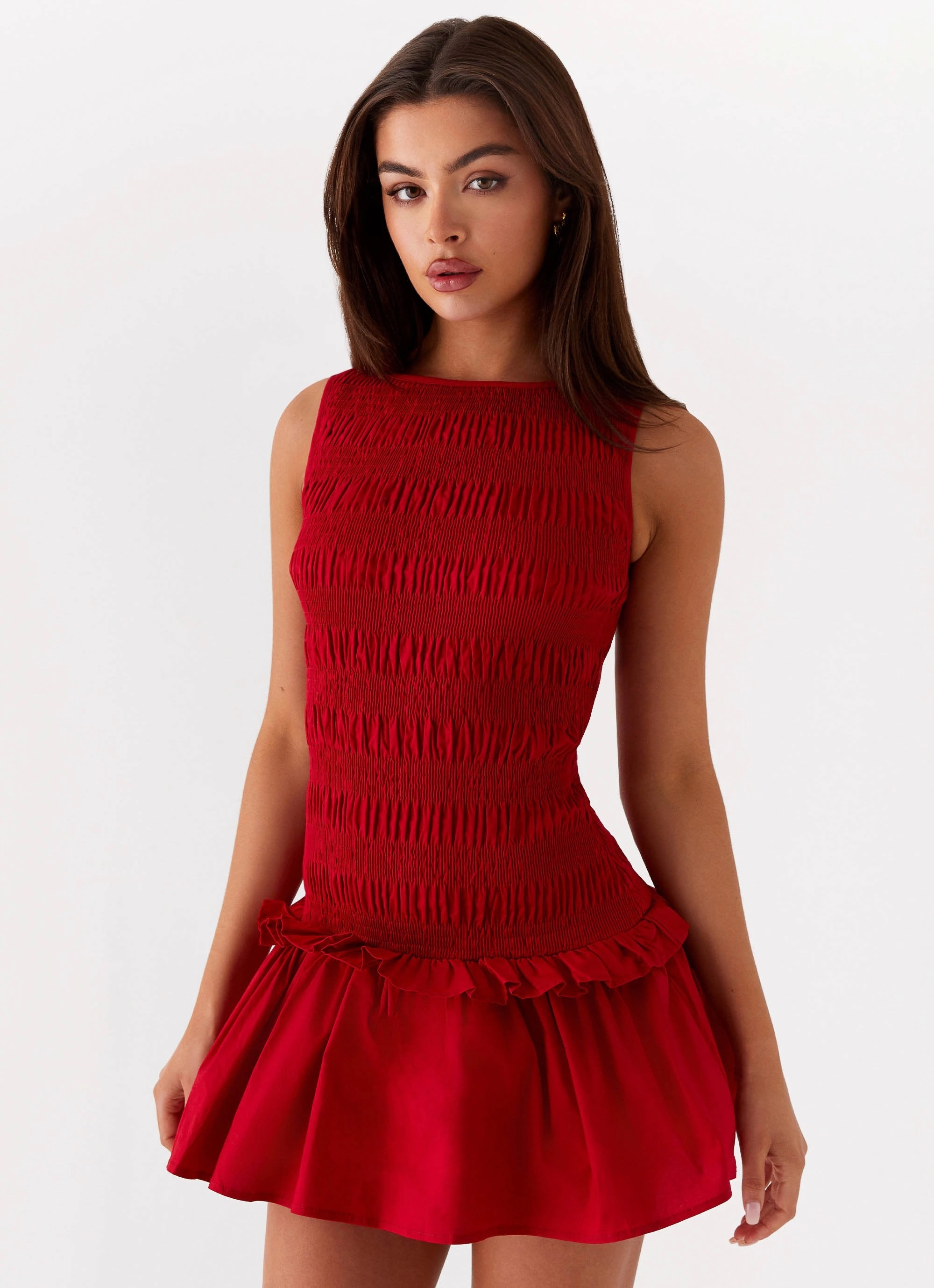 Garden Kisses Shirred Mini Dress - Red Minimal Design