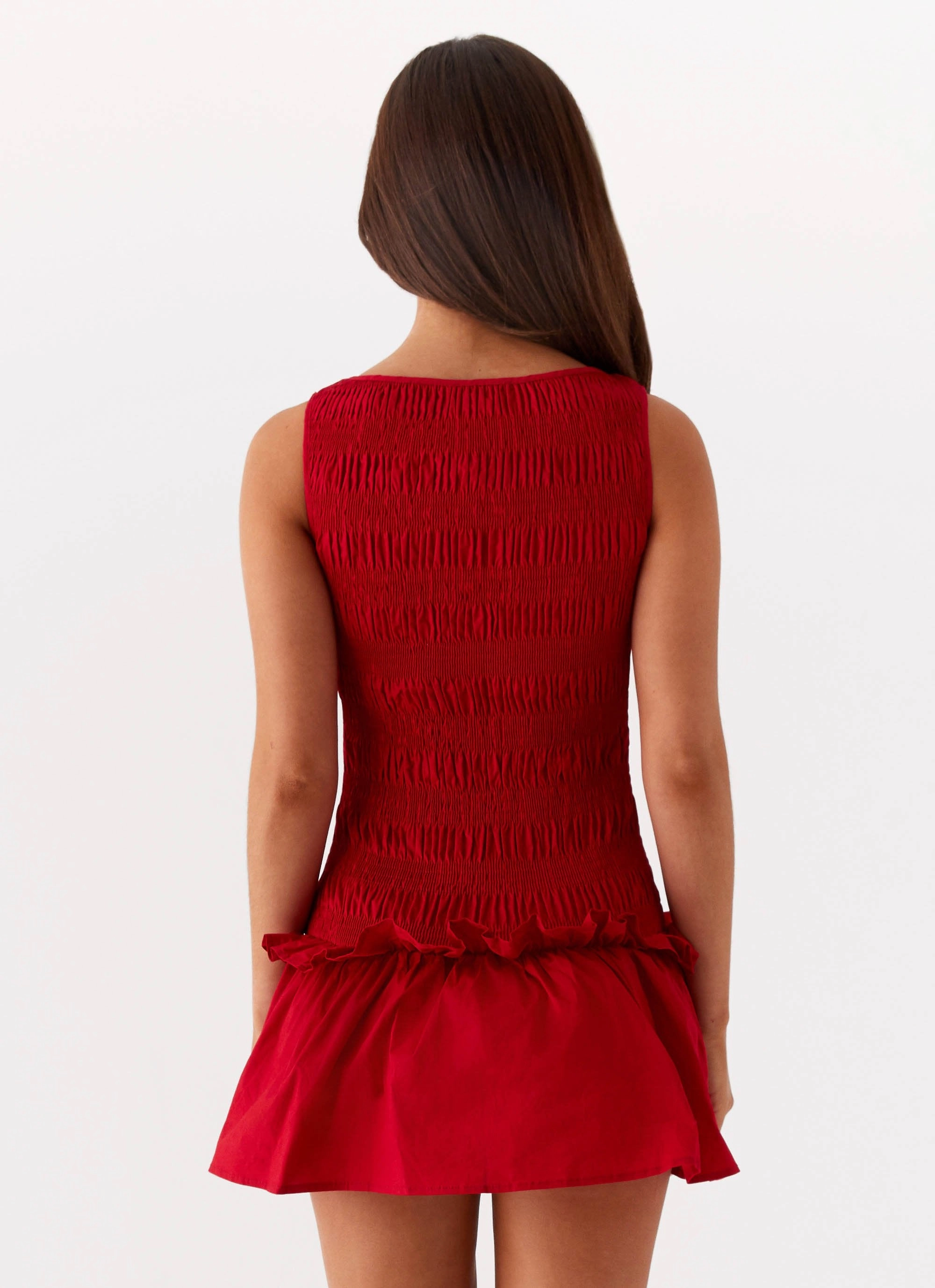 Garden Kisses Shirred Mini Dress - Red Shared Glow Guest Shine