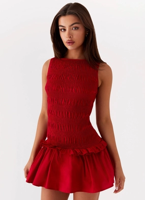 Garden Kisses Shirred Mini Dress - Red Minimal Design