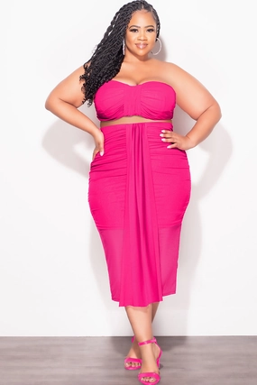 Wide-leg cut Final Sale Plus Size Sheer 2pc Strapless Crop Top and Skirt Set in Fuchsia