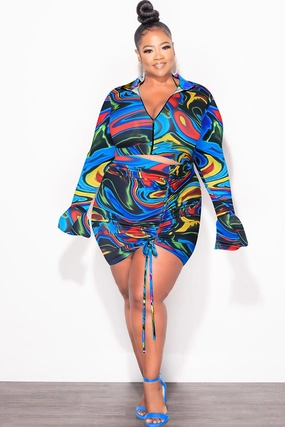 Final Sale Plus Size 3pc Set Bikini Top Poolside Playsuit with Jacket in Blue Multi-Color Print Layer Ready ReinforcedPockets