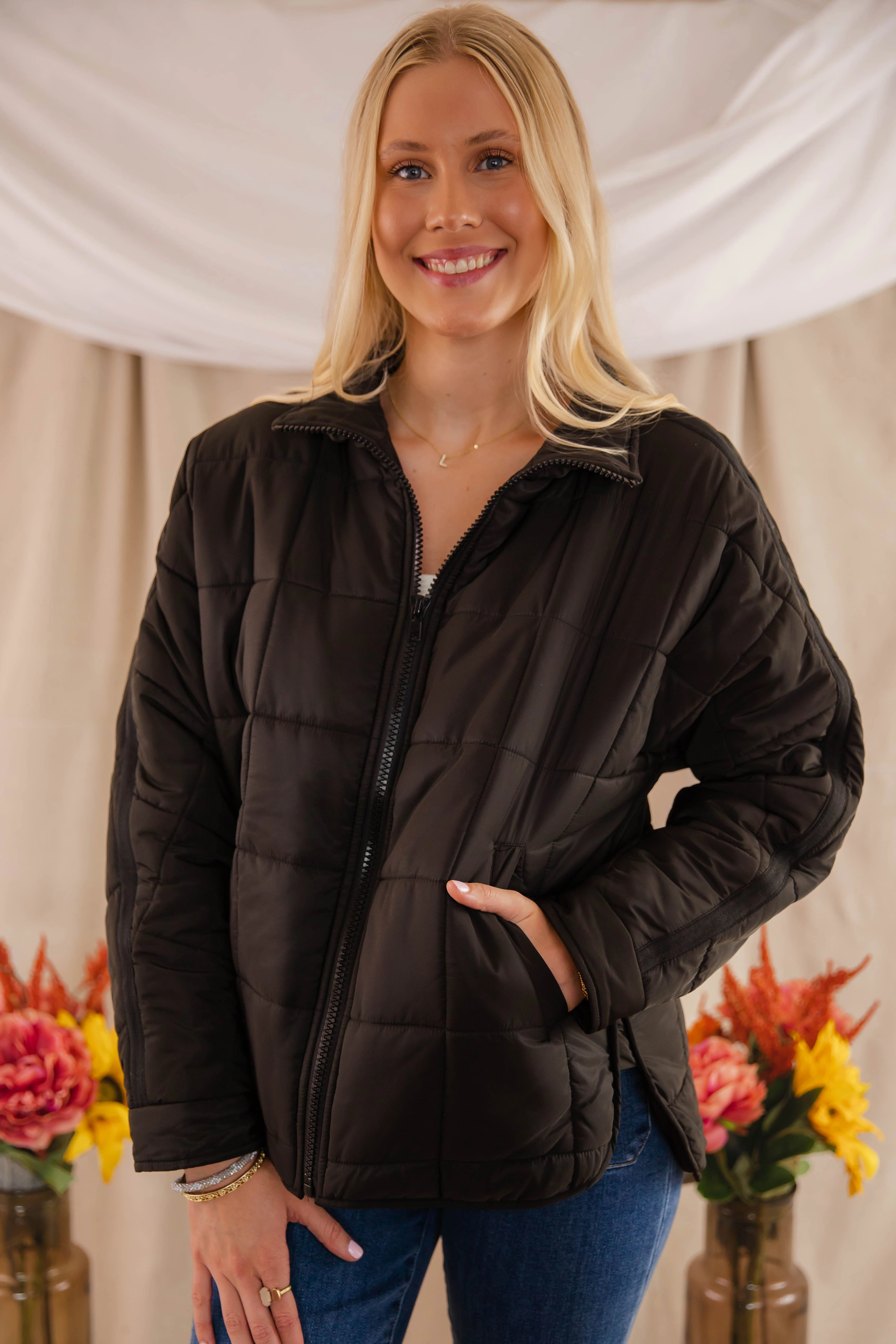 Don't Hesitate Puffer Jacket-Black Layered Panel Construction