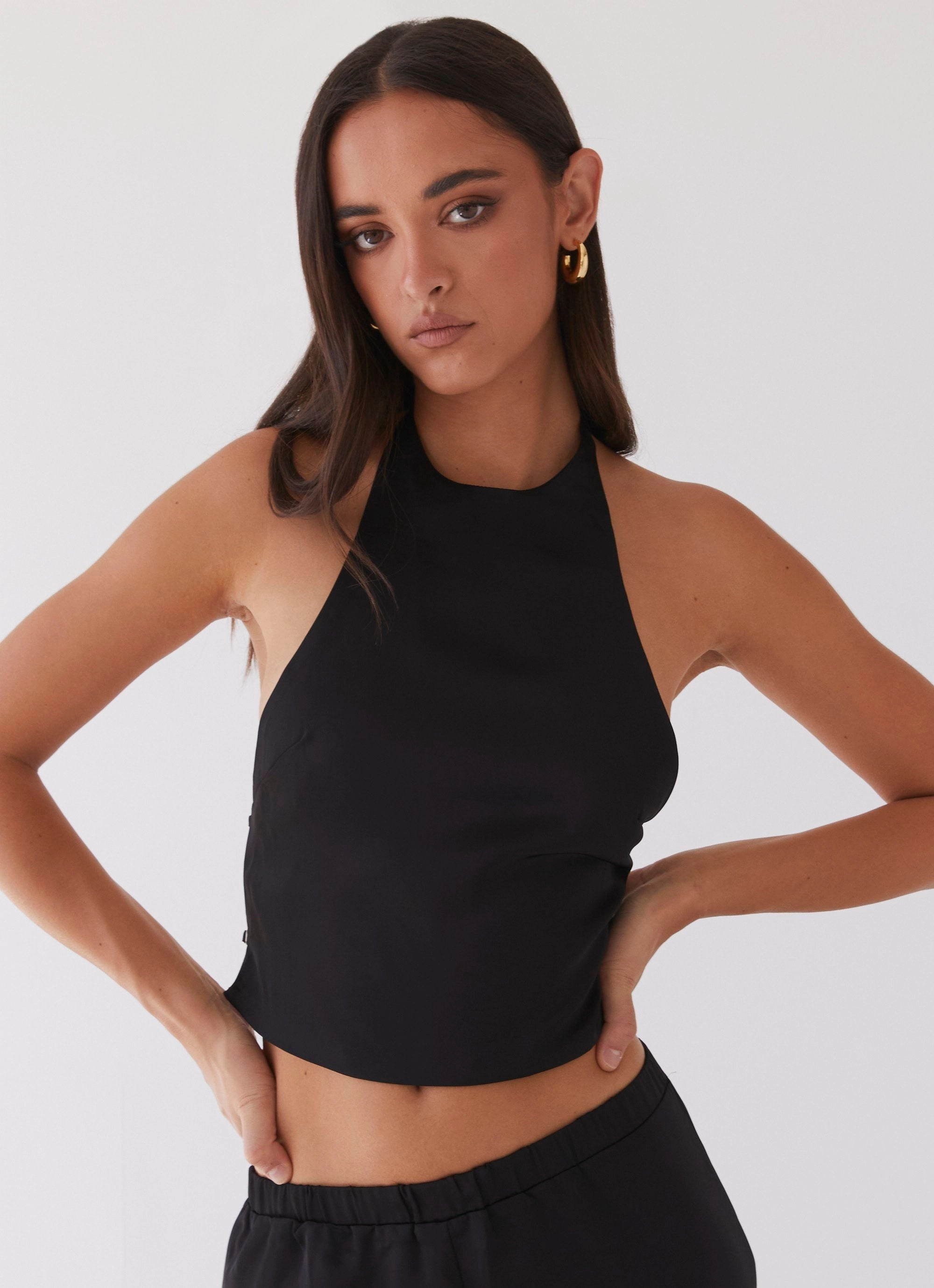 OdorResistantFinish Bree Satin Halterneck Top - Black