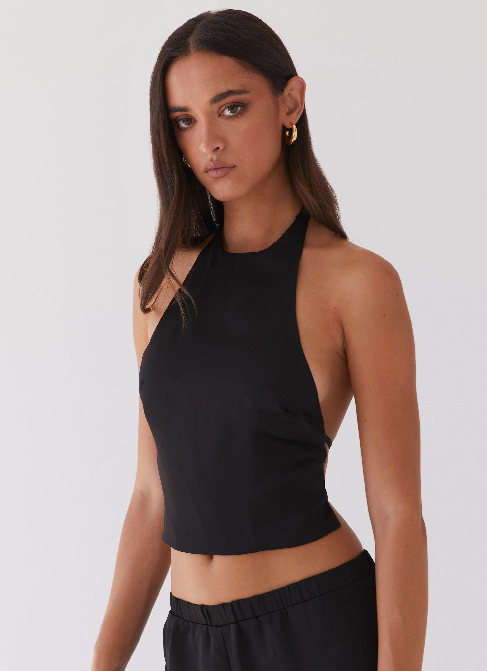 Bree Satin Halterneck Top - Black All Purpose Casual Cut Hidden Button Placket