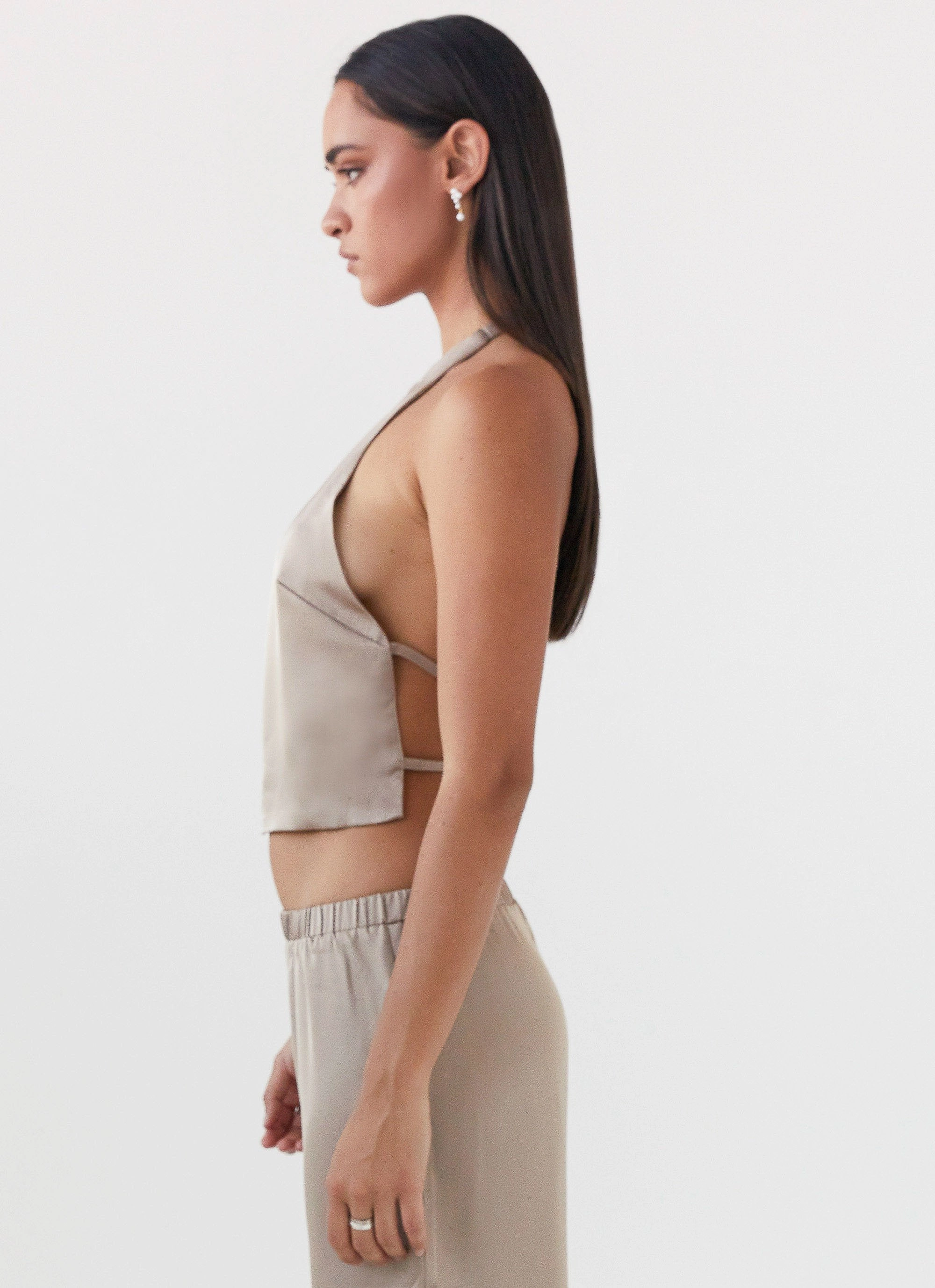 Layered Look Drop Shoulder Bree Satin Halterneck Top - Mushroom