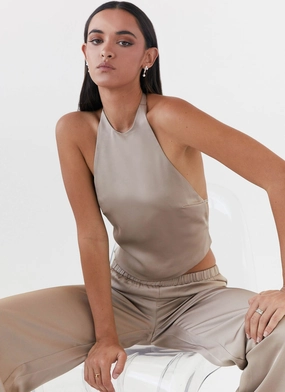 Bree Satin Halterneck Top - Mushroom Reflective Safety Accents