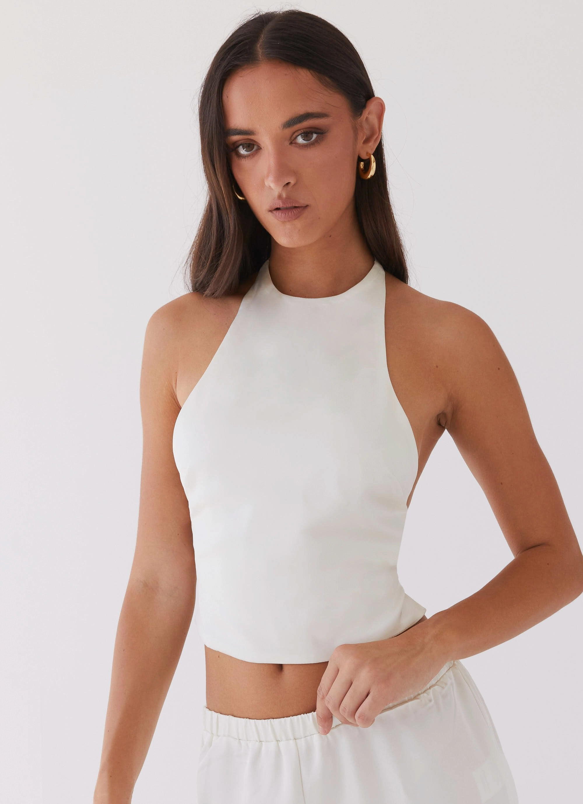 Bree Satin Halterneck Top - Pearl Durable Reinforced Elbow Patches
