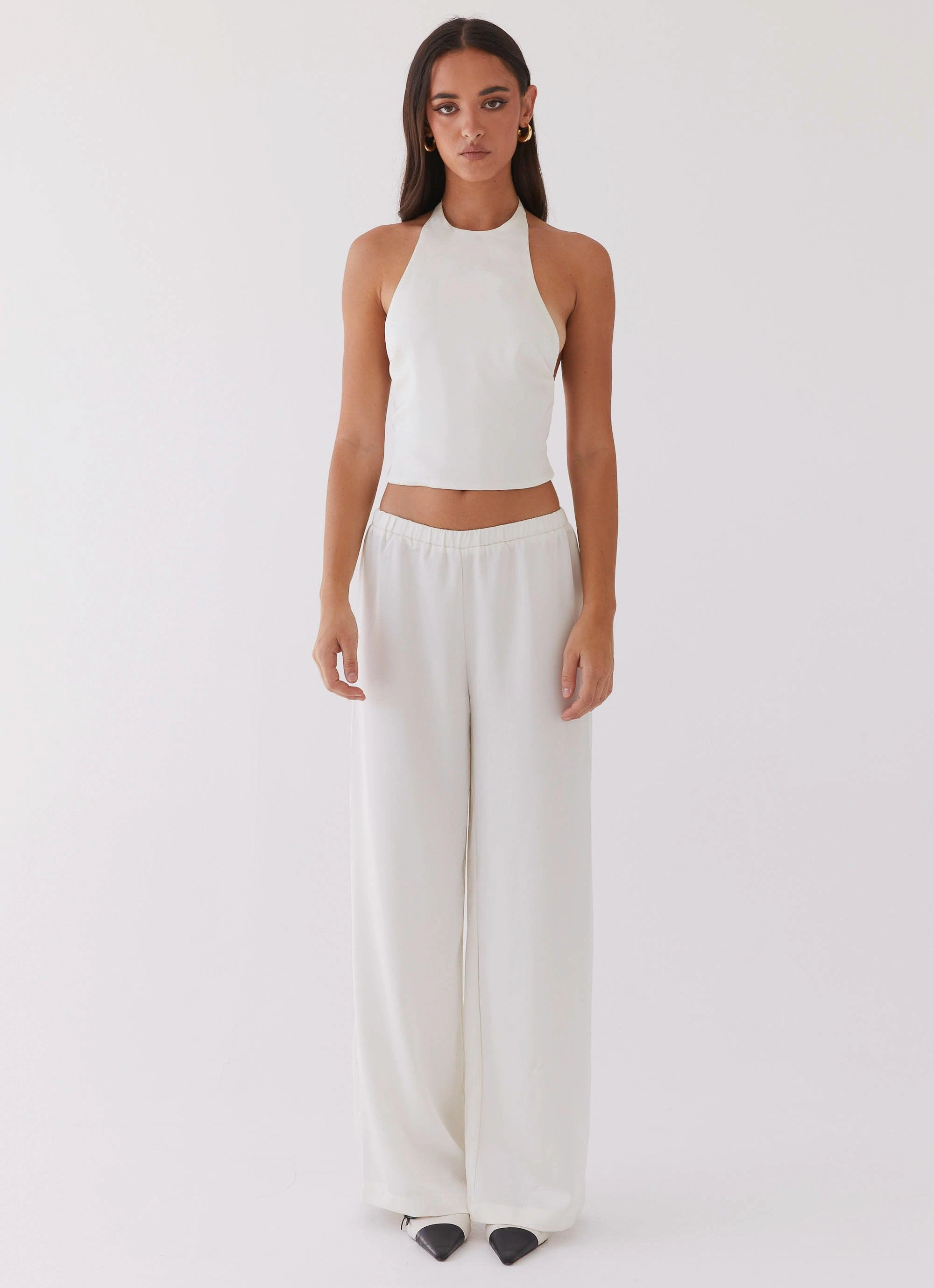 Two Tone Texture Effect Bree Satin Halterneck Top - Pearl