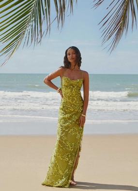 Cool Layers Draped Layer Havana Sequin Maxi Dress - Lime