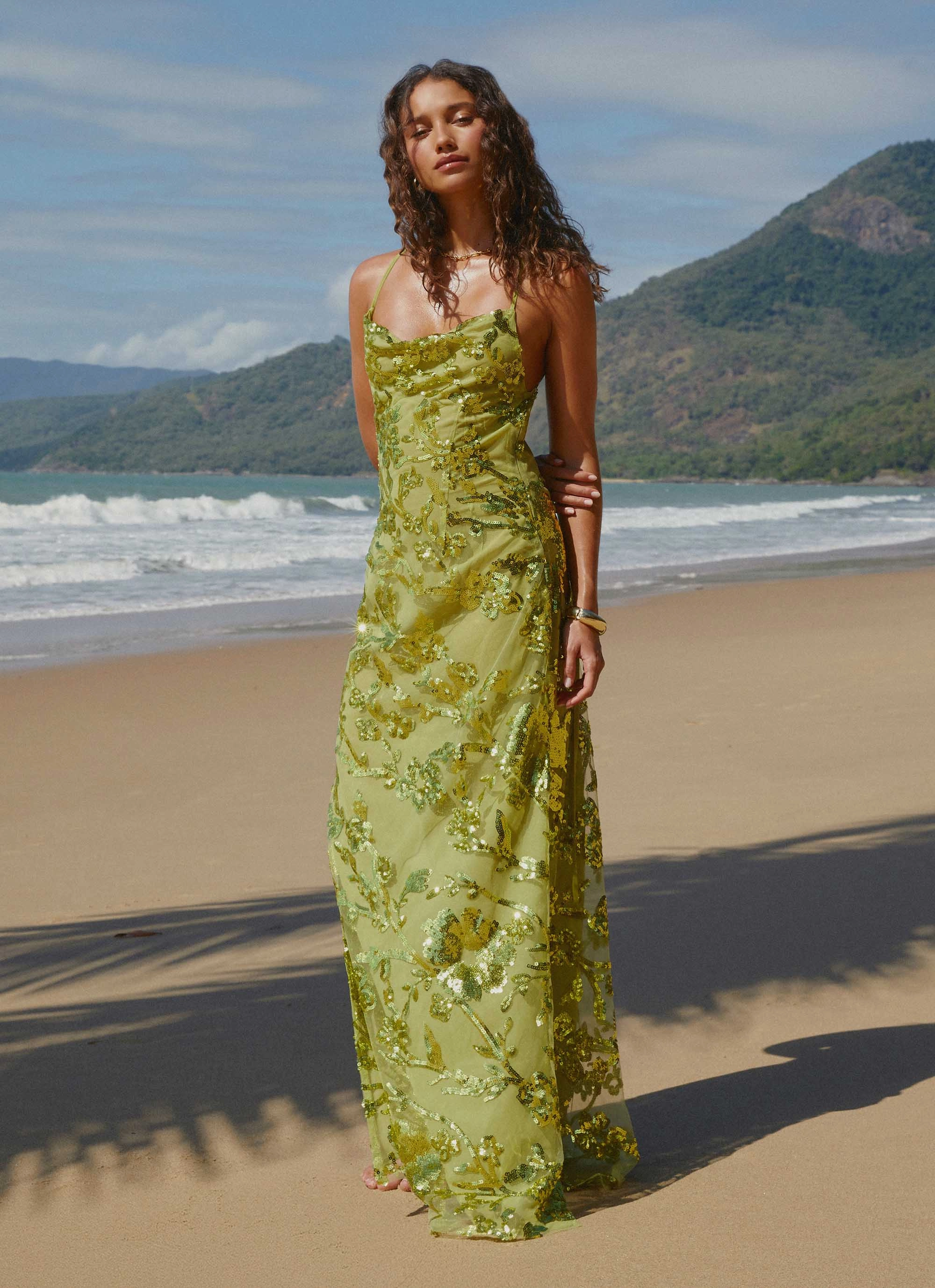 Fashionable Comfort Wear High-Neck Havana Sequin Maxi Dress - Lime
