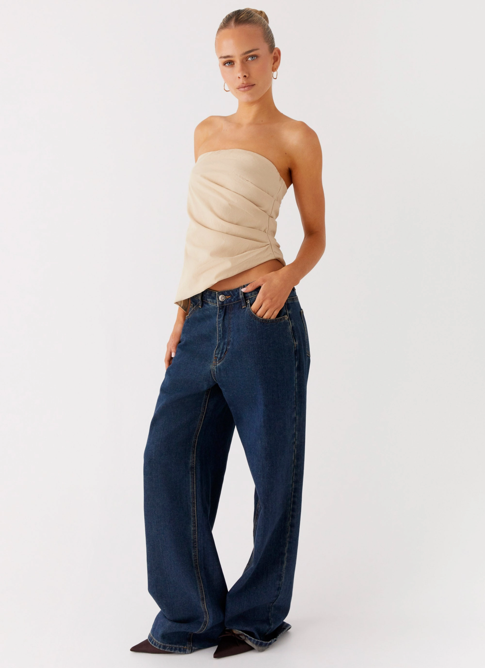 Layered Collar Structure Briana Strapless Top - Tan