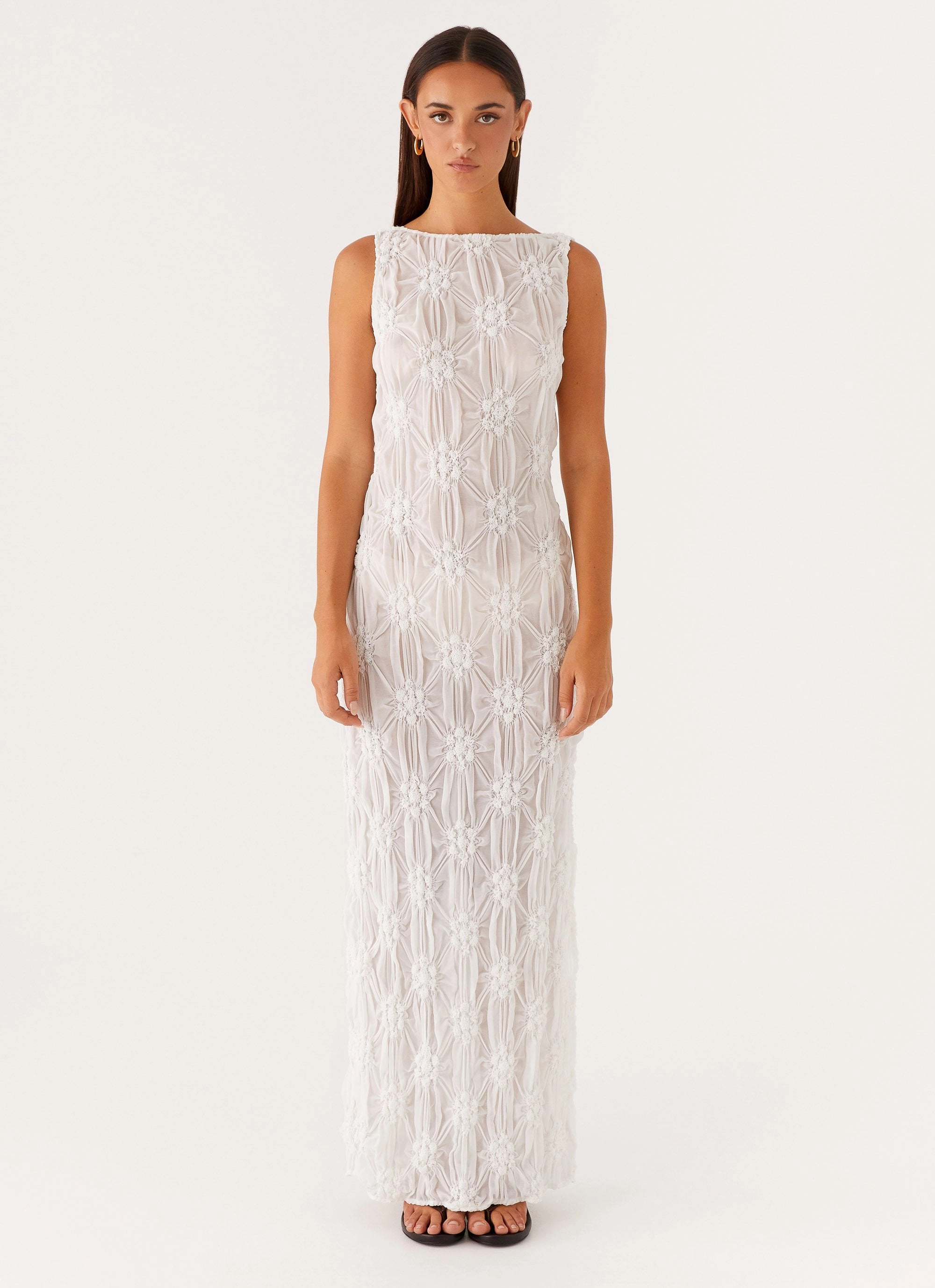 Square Neck Calm Finish Briar Backless Maxi Dress - Ivory