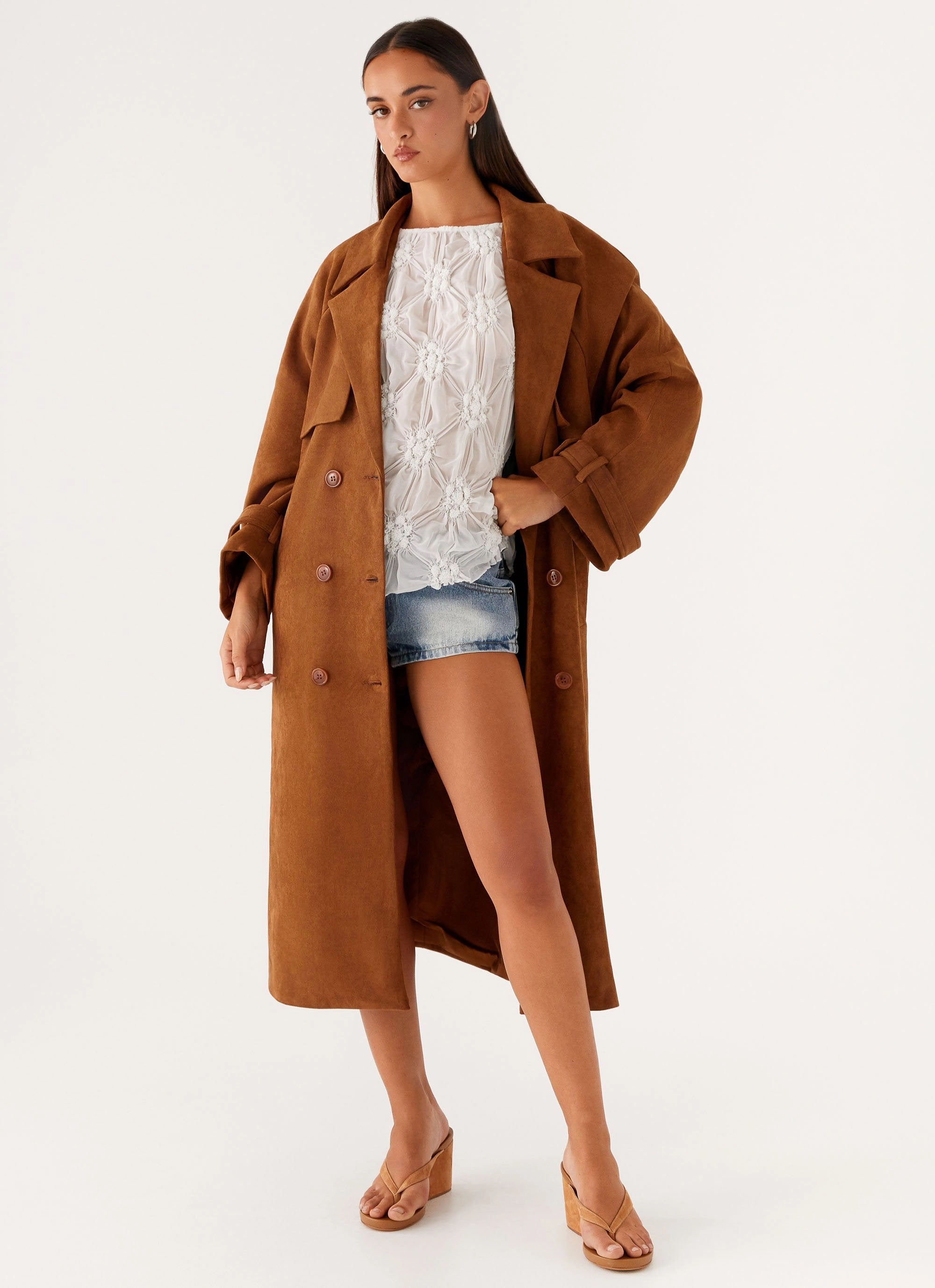Bridie Faux Suede Trench Coat - Brown Cold Days OdorResistantTreatment
