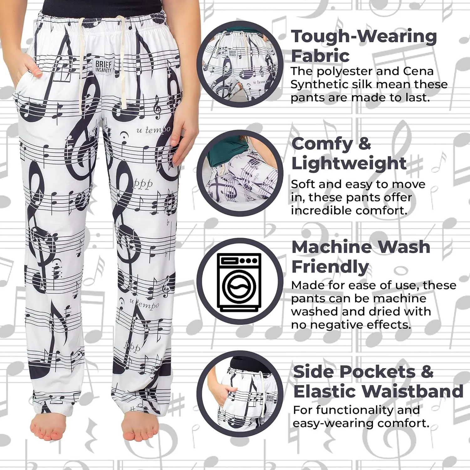 BRIEF INSANITY Music Notes Loungewear Pajama Pants - Lightweight, Loose Fit, Wide Leg Music Pants - Comfy Unisex Sleep Pants