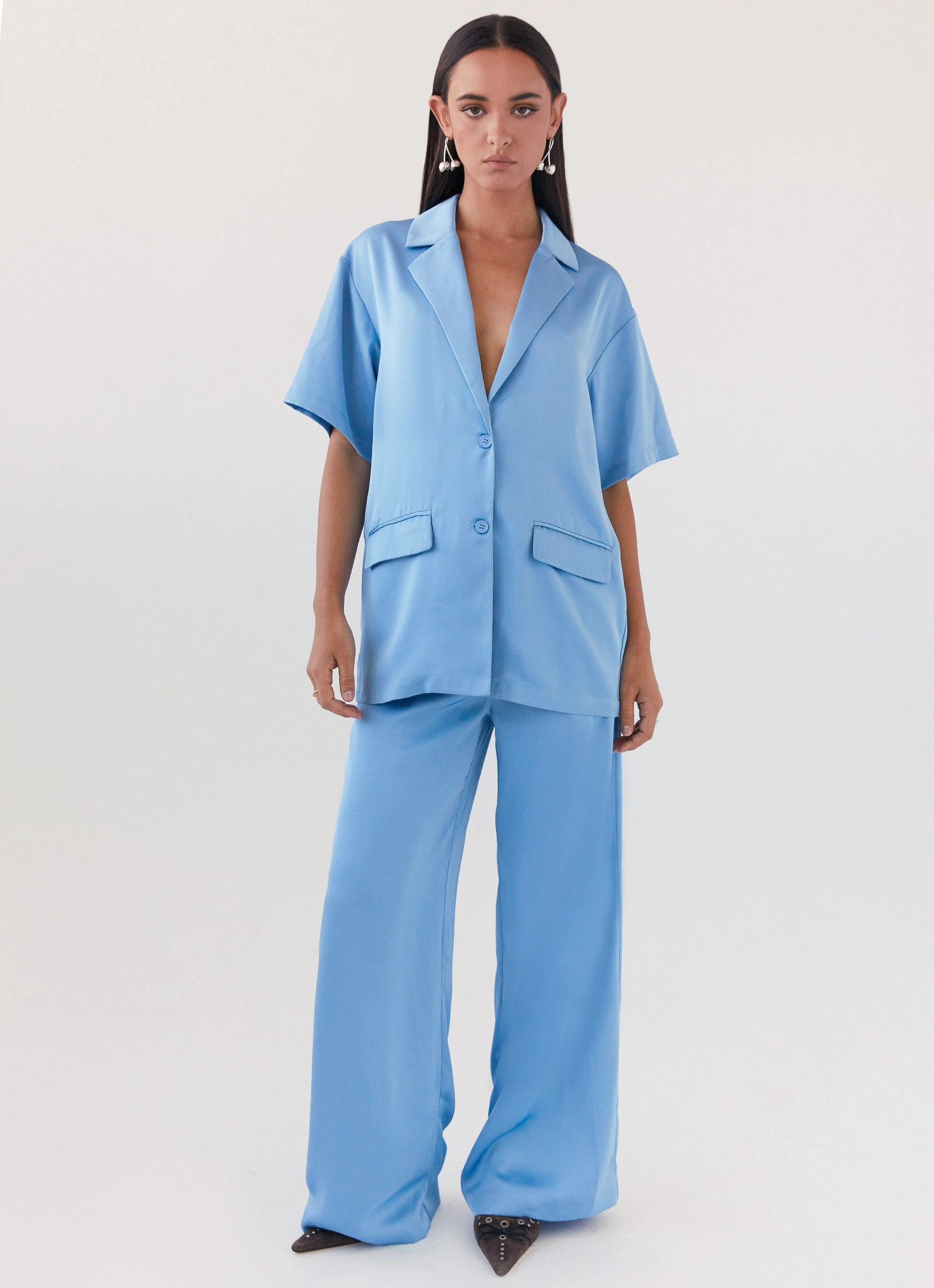 Brinkley Oversized Satin Shirt - Sky Blue QuickAccess Pockets