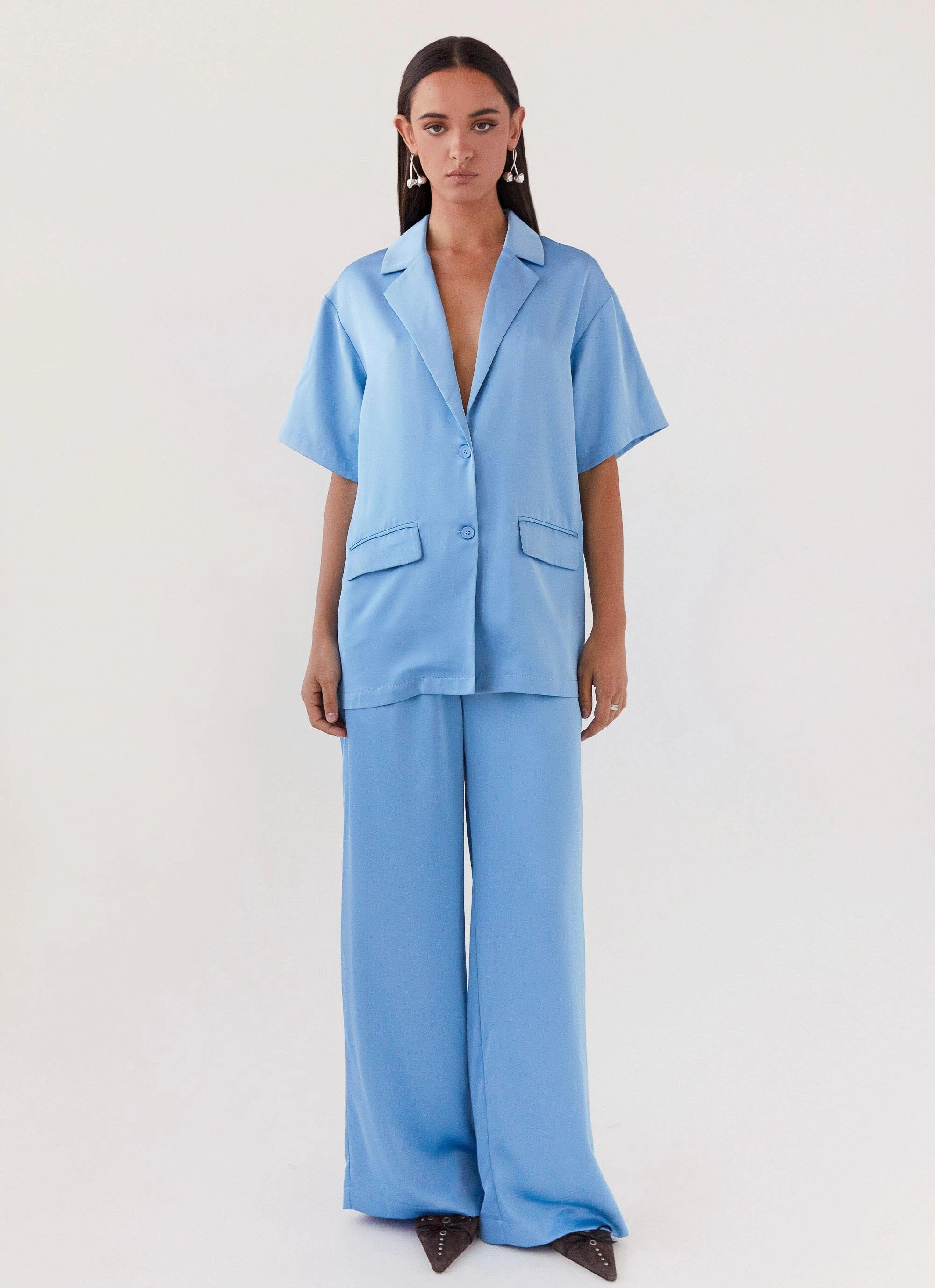 Brinkley Oversized Satin Shirt - Sky Blue Comfy Fit Clean Jacket Detail