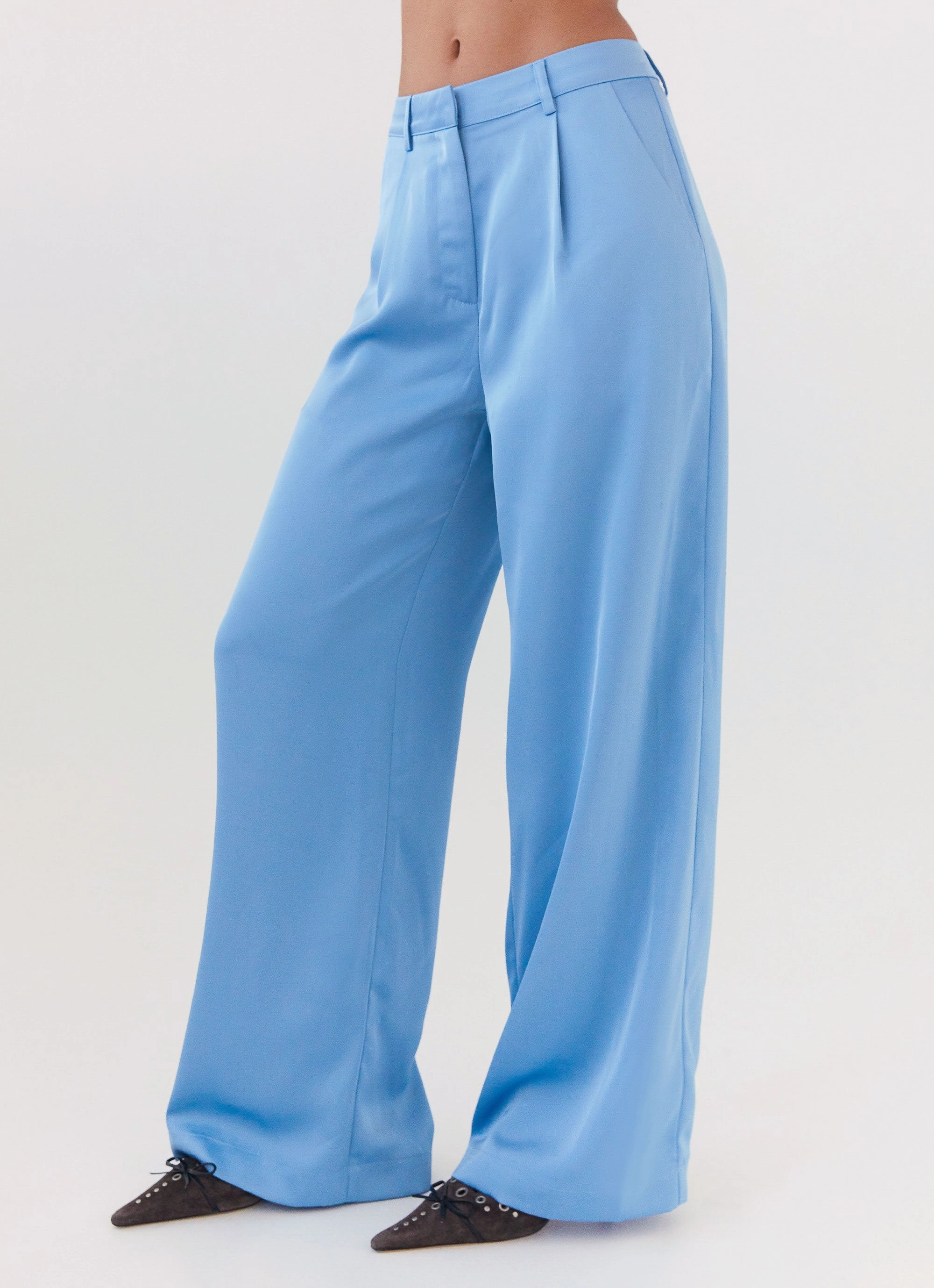 Flatlock Seams Lightweight Layer Brinkley Satin Pants - Blue