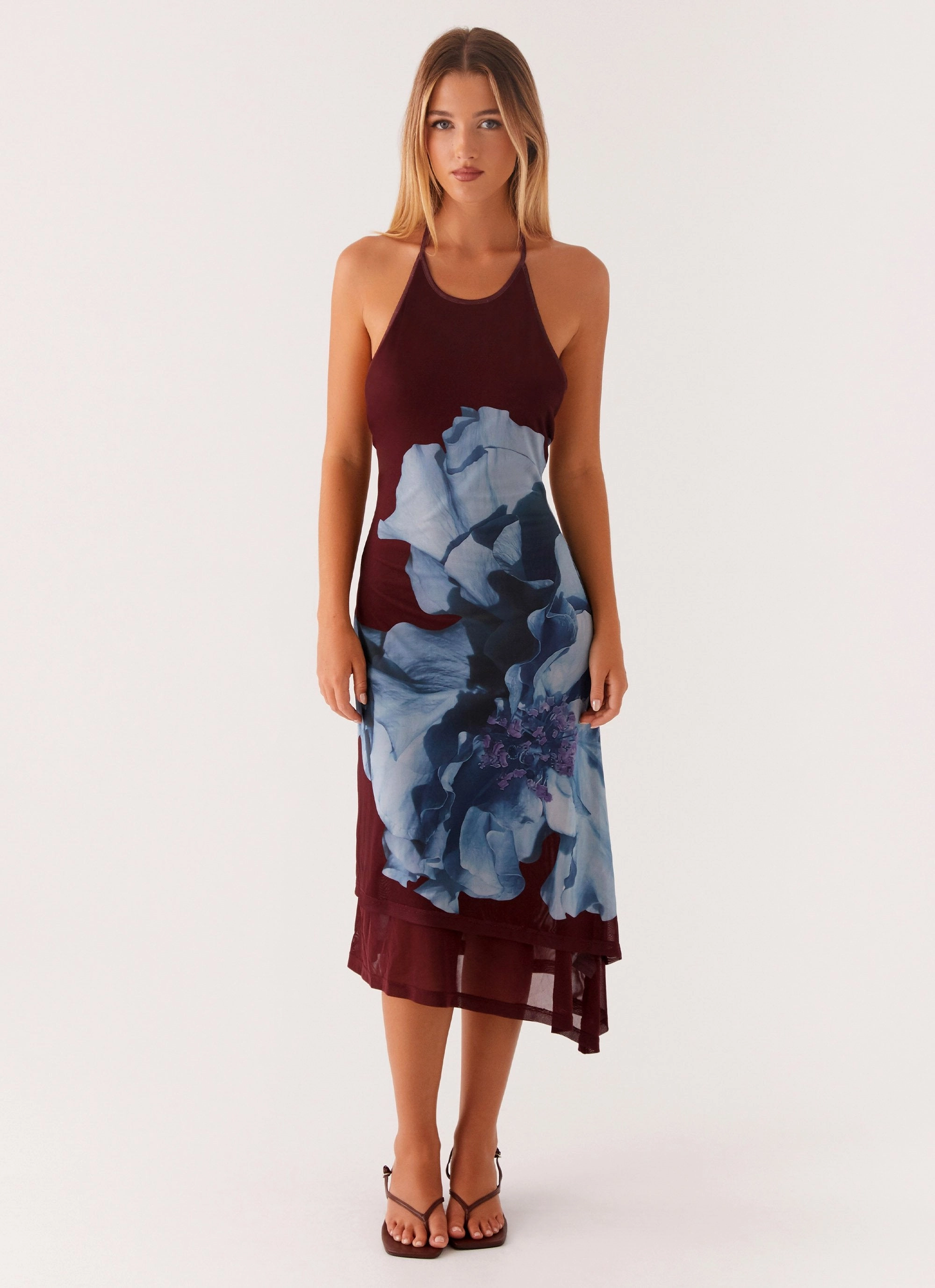 Brinley Halterneck Midi Dress - Maroon Print Urban appeal