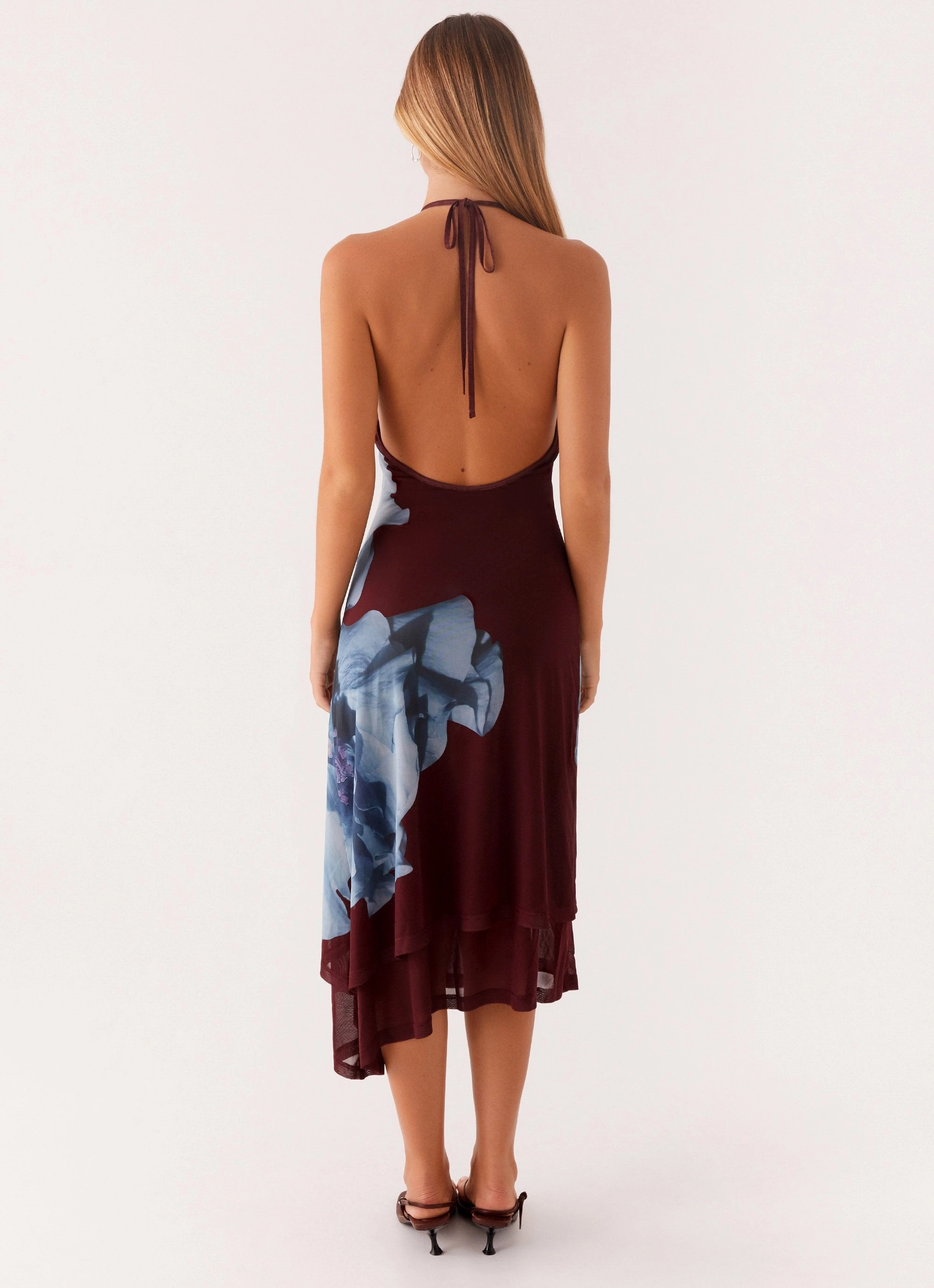 Edgy-Look Lightweight Feel Brinley Halterneck Midi Dress - Maroon Print