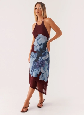 Brinley Halterneck Midi Dress - Maroon Print Soft Cut Layer Light
