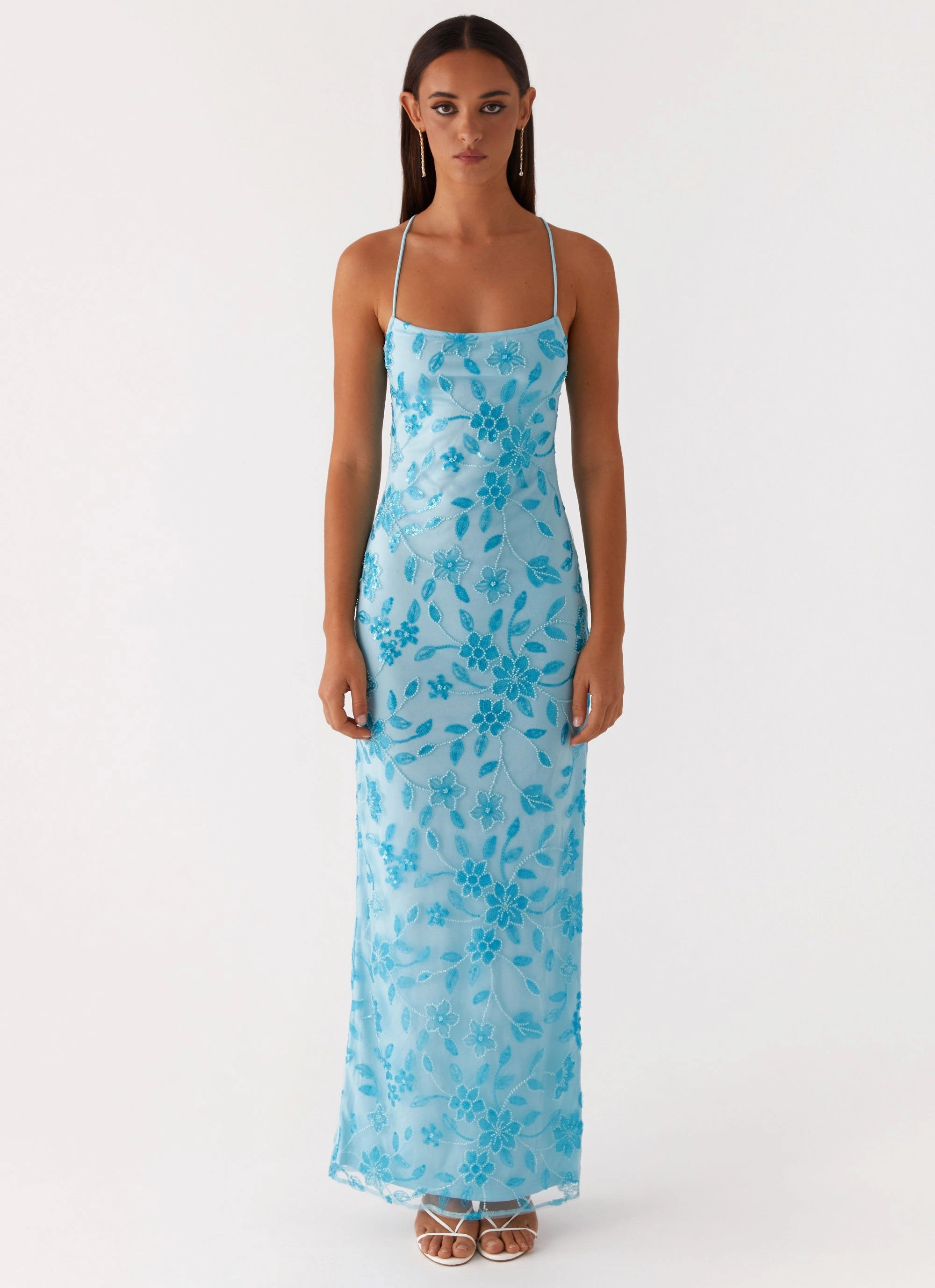Bright Lights Beaded Maxi Dress - Blue Mood Glow Vibrant evening gown