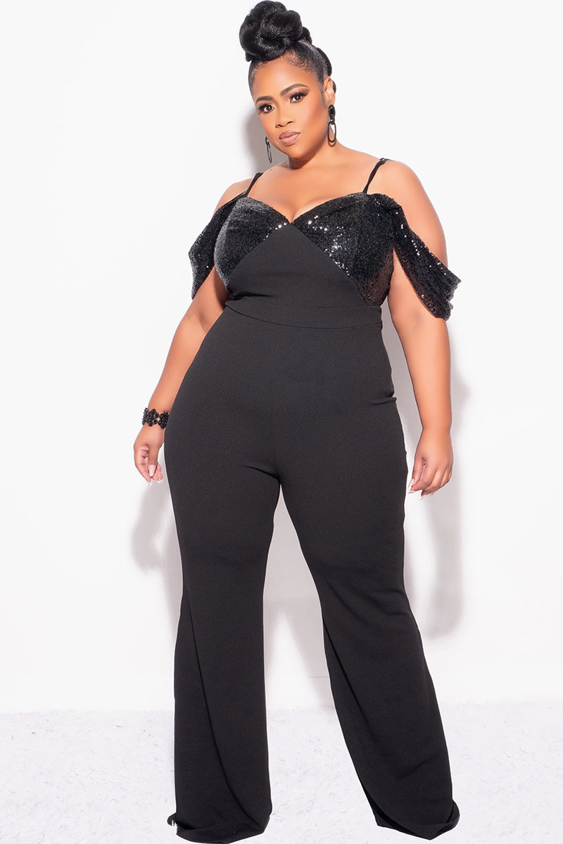 Final Sale Plus Size Off The Shoulder Faux Wrap Sequin Jumpsuit Black AntiStaticTreatment Interlock Stitch Detail