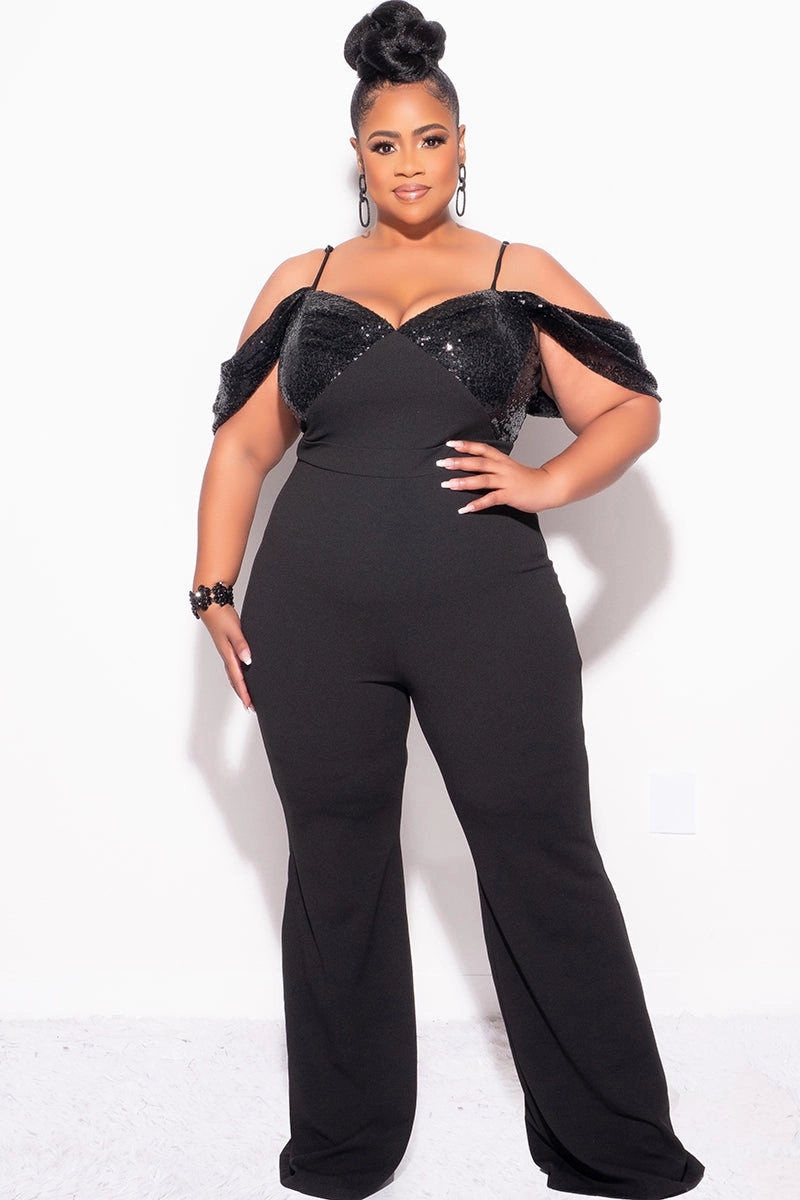 Final Sale Plus Size Off The Shoulder Faux Wrap Sequin Jumpsuit Black Bonded Seam Durability