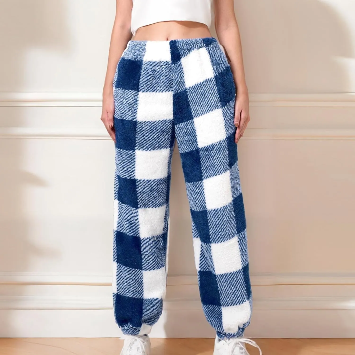 Buffalo Plaid Pajama Pants Women Fuzzy Fleece Pj Pants Soft Comfy Lounge Pants Winter Warm Sleep Pants with Pockets
