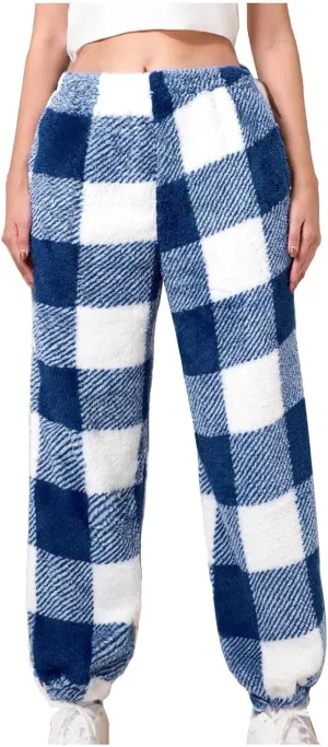 Buffalo Plaid Pajama Pants Women Fuzzy Fleece Pj Pants Soft Comfy Lounge Pants Winter Warm Sleep Pants with Pockets