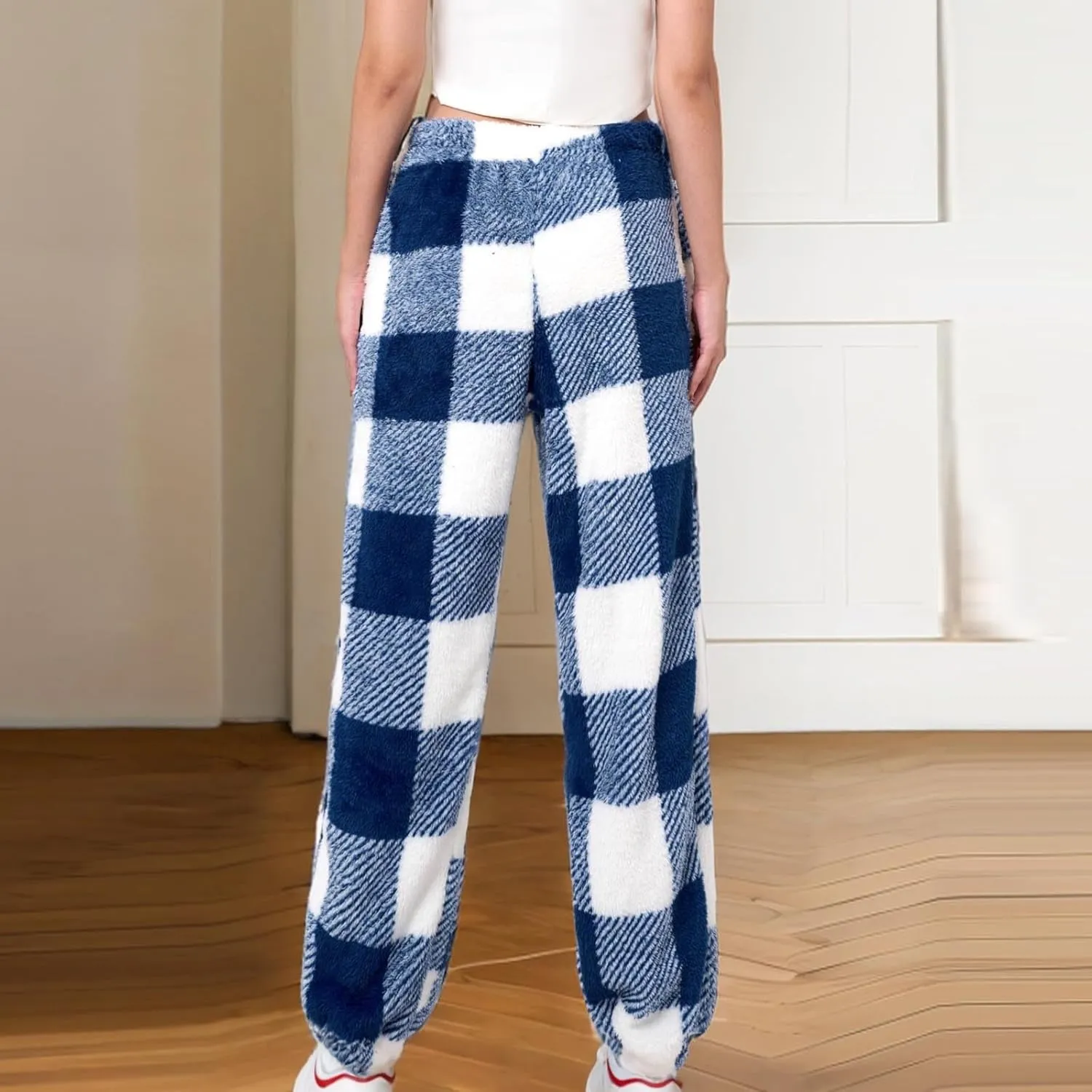 Buffalo Plaid Pajama Pants Women Fuzzy Fleece Pj Pants Soft Comfy Lounge Pants Winter Warm Sleep Pants with Pockets
