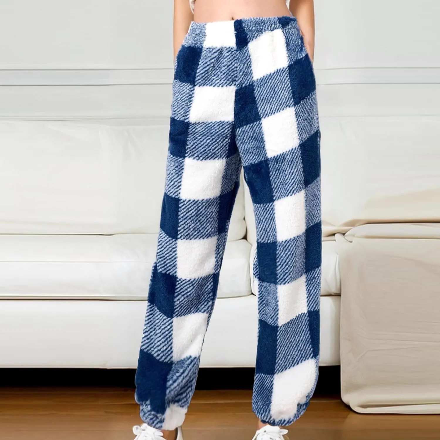 Buffalo Plaid Pajama Pants Women Fuzzy Fleece Pj Pants Soft Comfy Lounge Pants Winter Warm Sleep Pants with Pockets