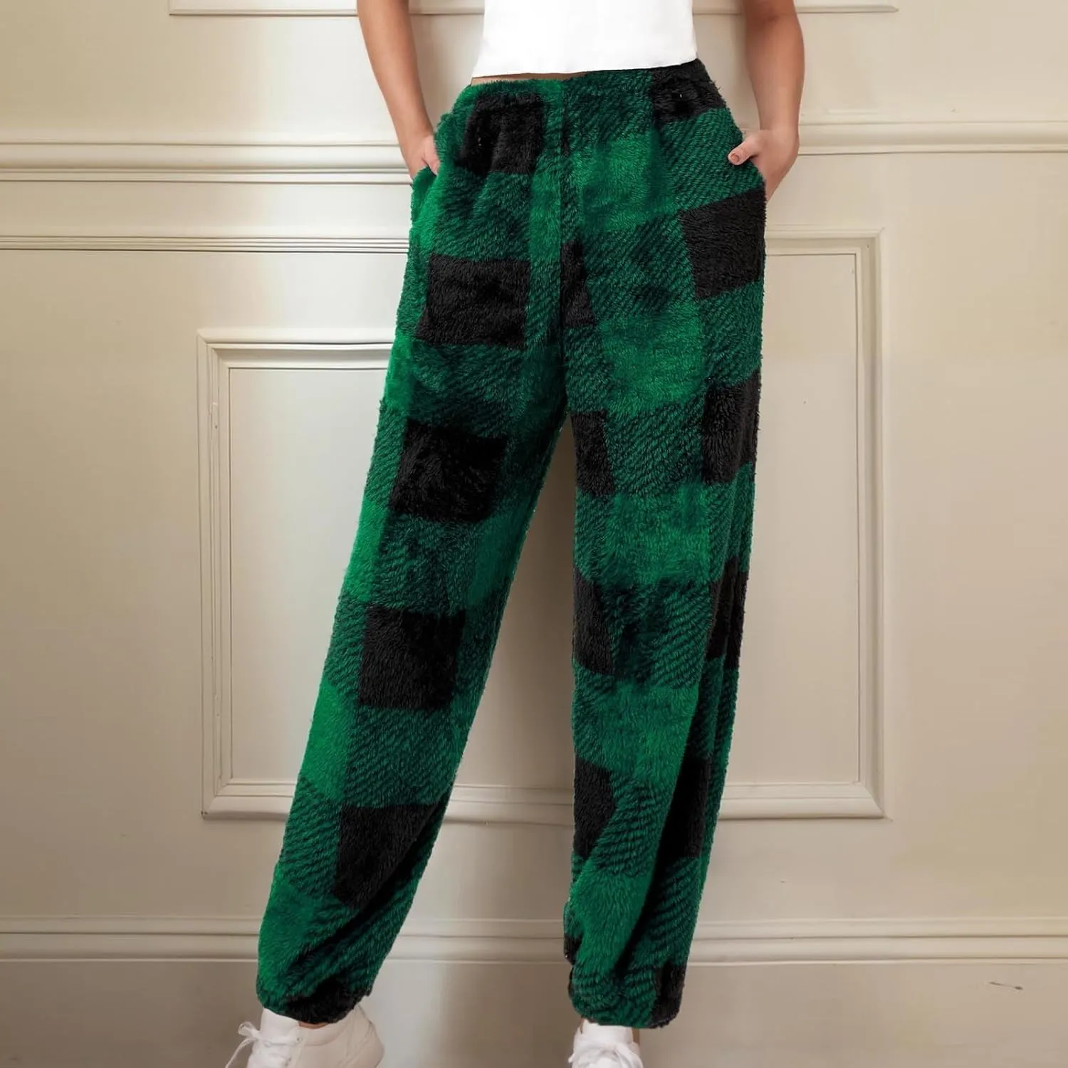 Buffalo Plaid Pajama Pants Women Fuzzy Fleece Pj Pants Soft Comfy Lounge Pants Winter Warm Sleep Pants with Pockets