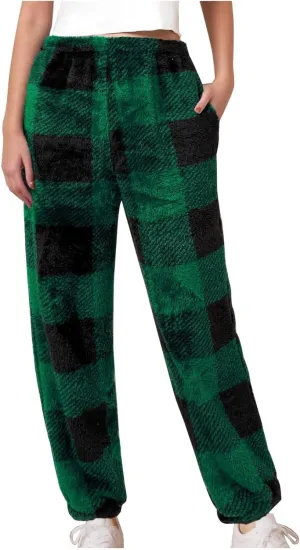 Buffalo Plaid Pajama Pants Women Fuzzy Fleece Pj Pants Soft Comfy Lounge Pants Winter Warm Sleep Pants with Pockets