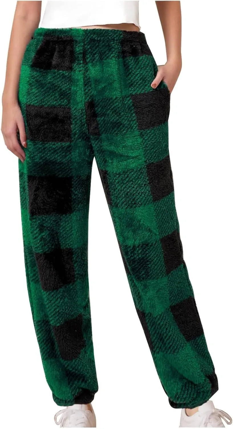 Buffalo Plaid Pajama Pants Women Fuzzy Fleece Pj Pants Soft Comfy Lounge Pants Winter Warm Sleep Pants with Pockets