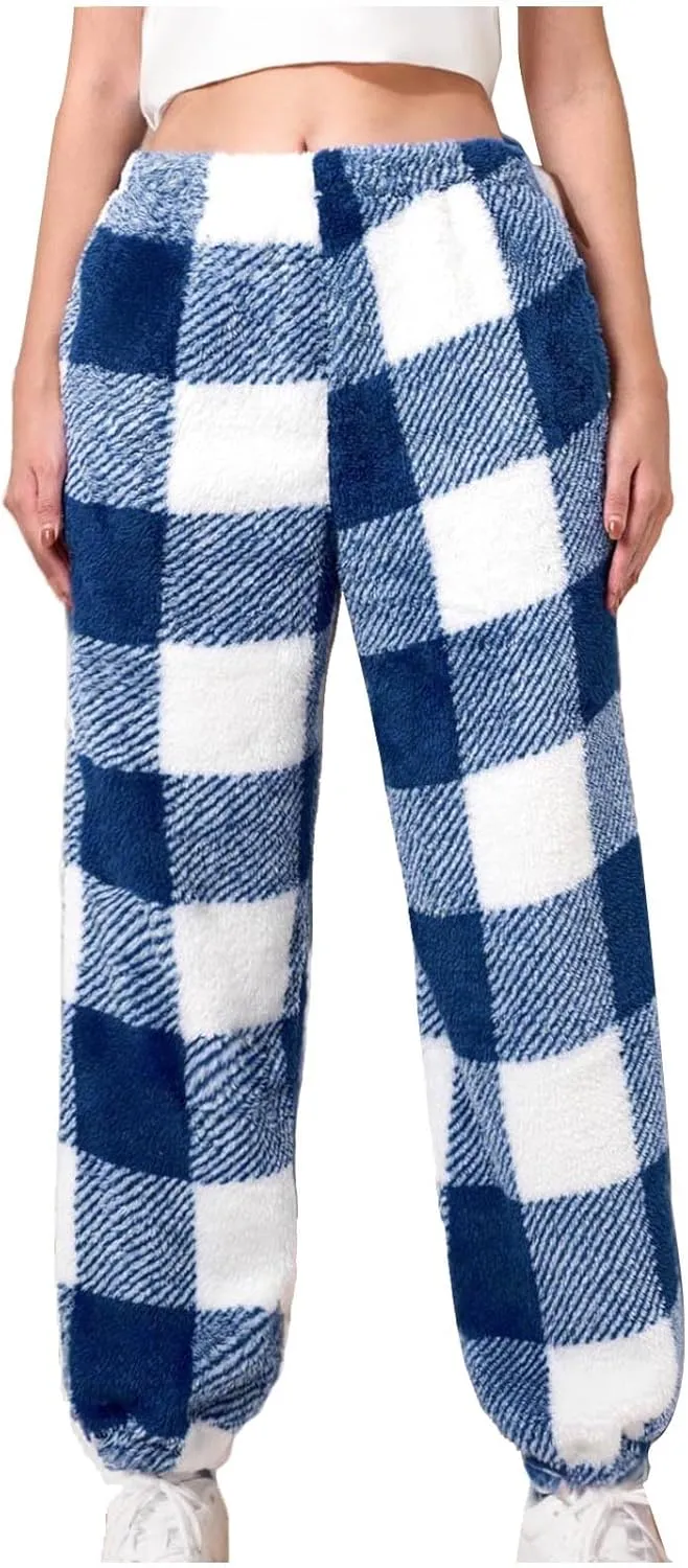 Buffalo Plaid Pajama Pants Women Fuzzy Fleece Pj Pants Soft Comfy Lounge Pants Winter Warm Sleep Pants with Pockets