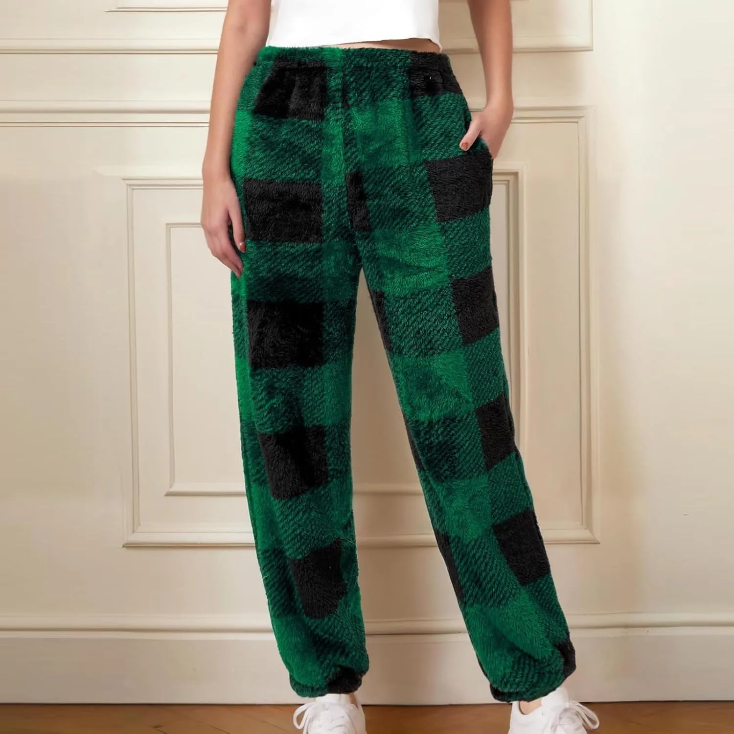Buffalo Plaid Pajama Pants Women Fuzzy Fleece Pj Pants Soft Comfy Lounge Pants Winter Warm Sleep Pants with Pockets