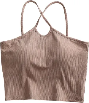 Built-in Bra Cami Tank Tops for Women Sexy Cross Halter Crop Camisole Comfy Cotton Summer Padded Pajamas Yoga Shirts