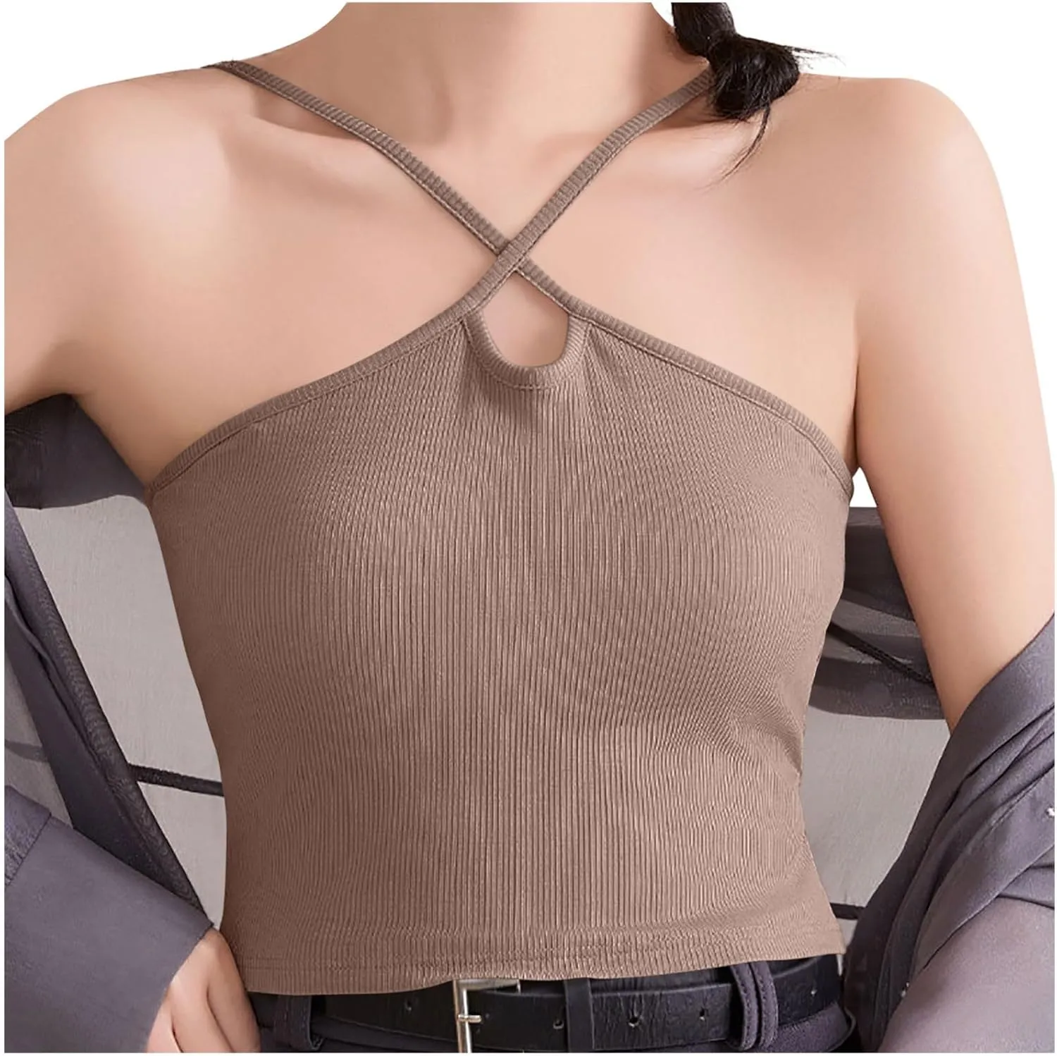 Built-in Bra Cami Tank Tops for Women Sexy Cross Halter Crop Camisole Comfy Cotton Summer Padded Pajamas Yoga Shirts