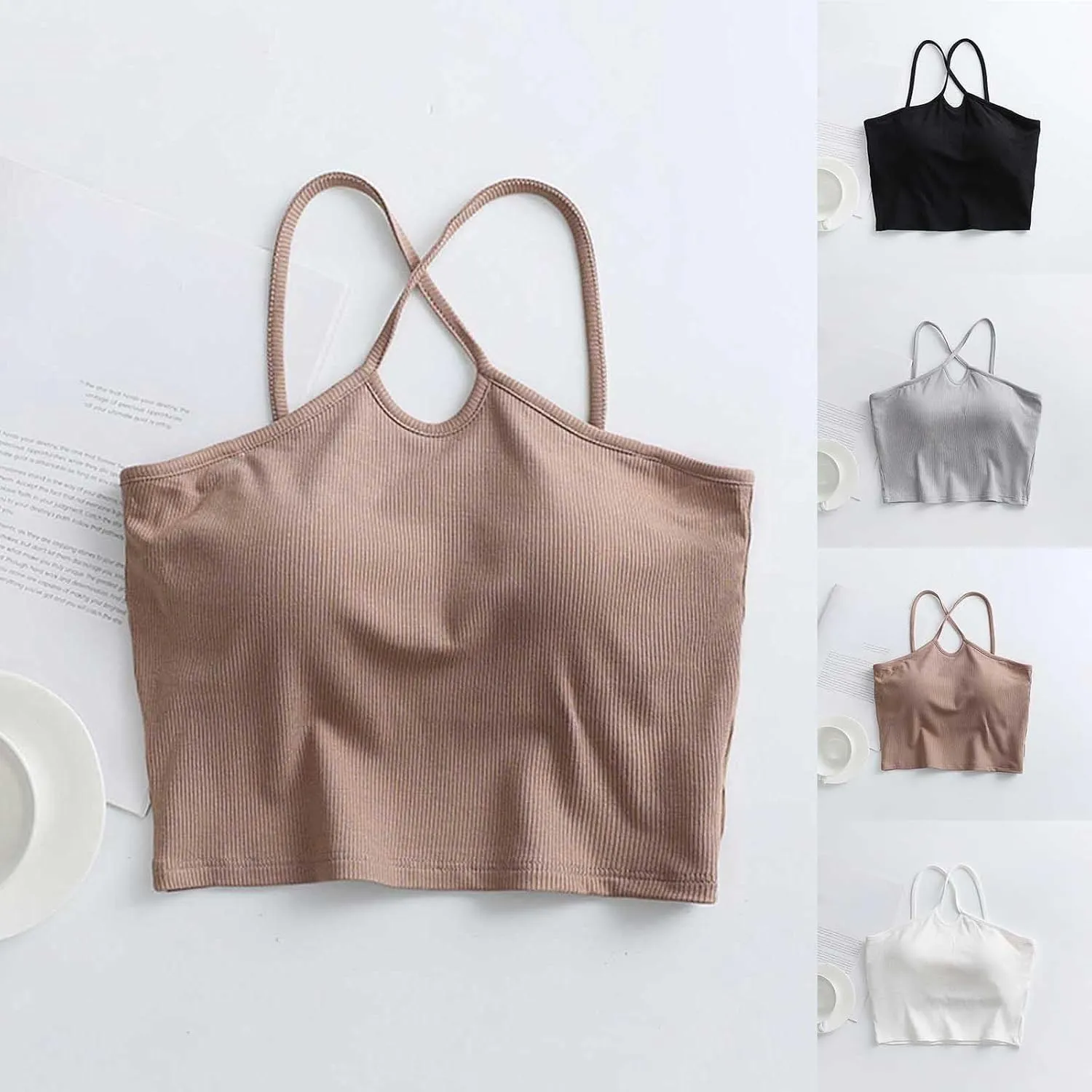 Built-in Bra Cami Tank Tops for Women Sexy Cross Halter Crop Camisole Comfy Cotton Summer Padded Pajamas Yoga Shirts