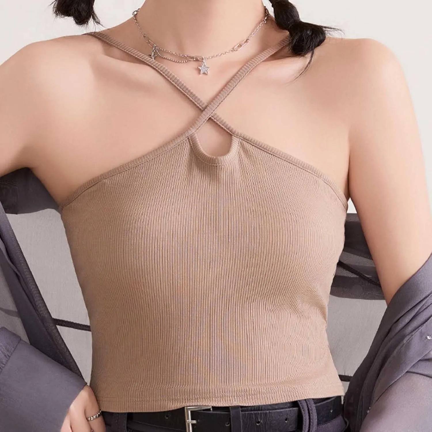 Built-in Bra Cami Tank Tops for Women Sexy Cross Halter Crop Camisole Comfy Cotton Summer Padded Pajamas Yoga Shirts