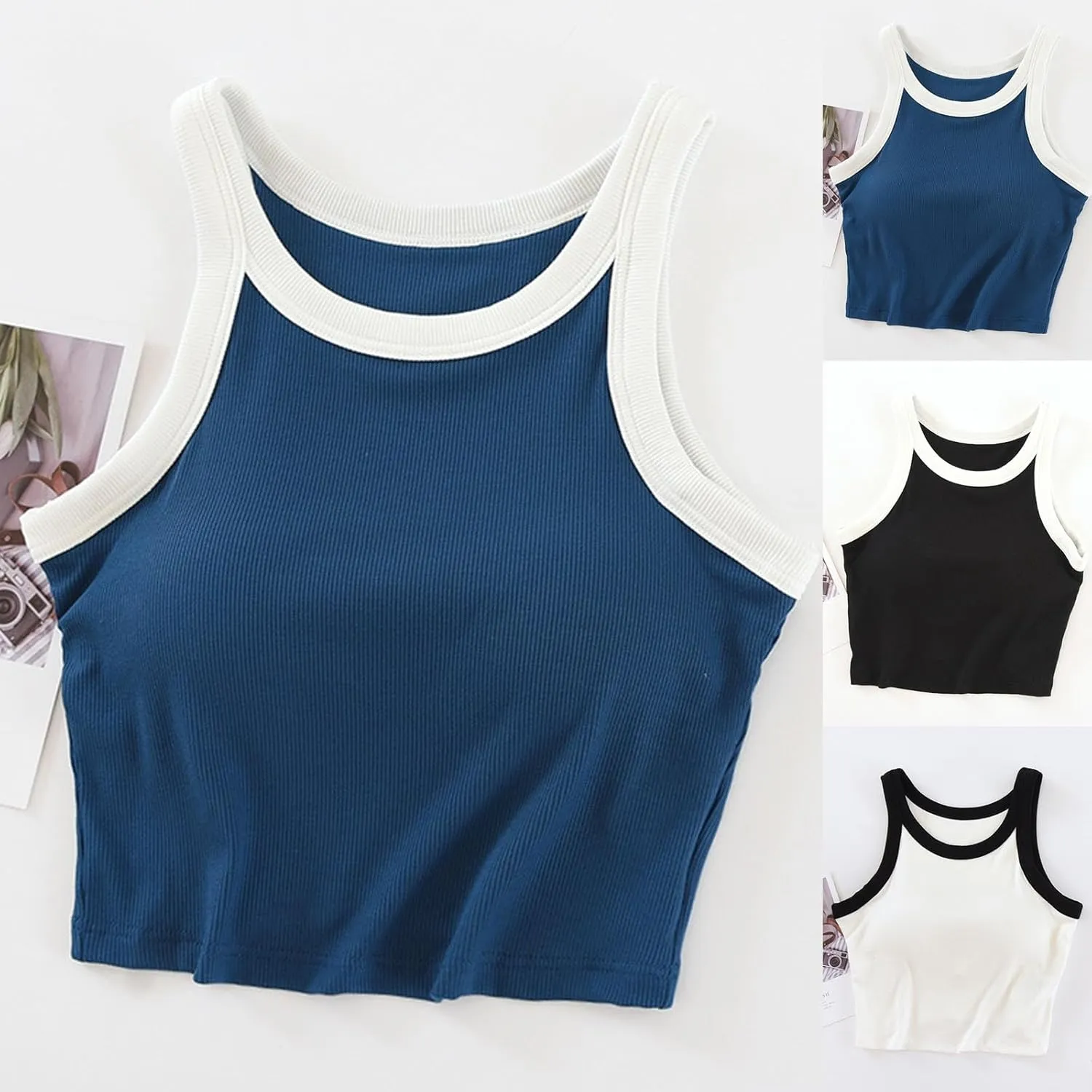 Built in Bra Tank Tops for Women Padded Sleeveless Crop Camisole Comfy Knit Lounge T Shirts Summer Casual Tops