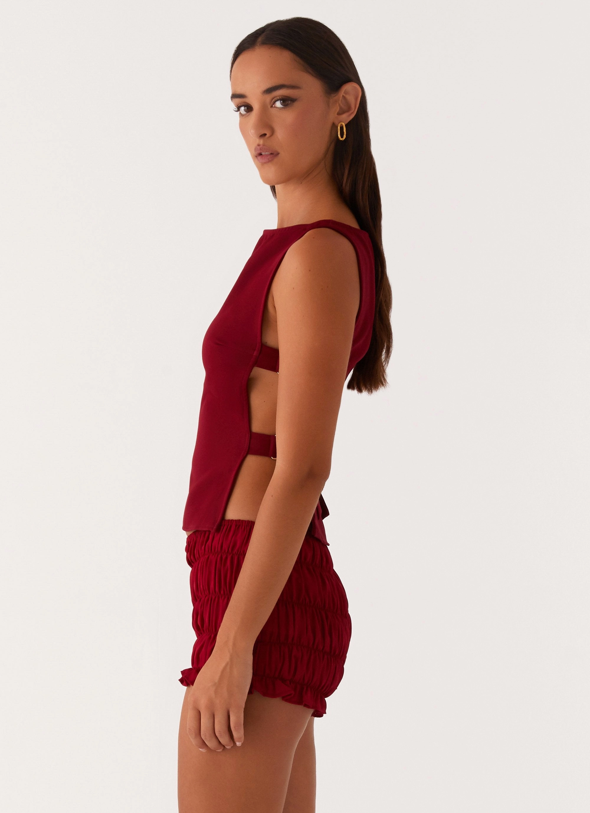 Adjustable drawstring UVProtection Coating Cherish You Buckle Top - Maroon