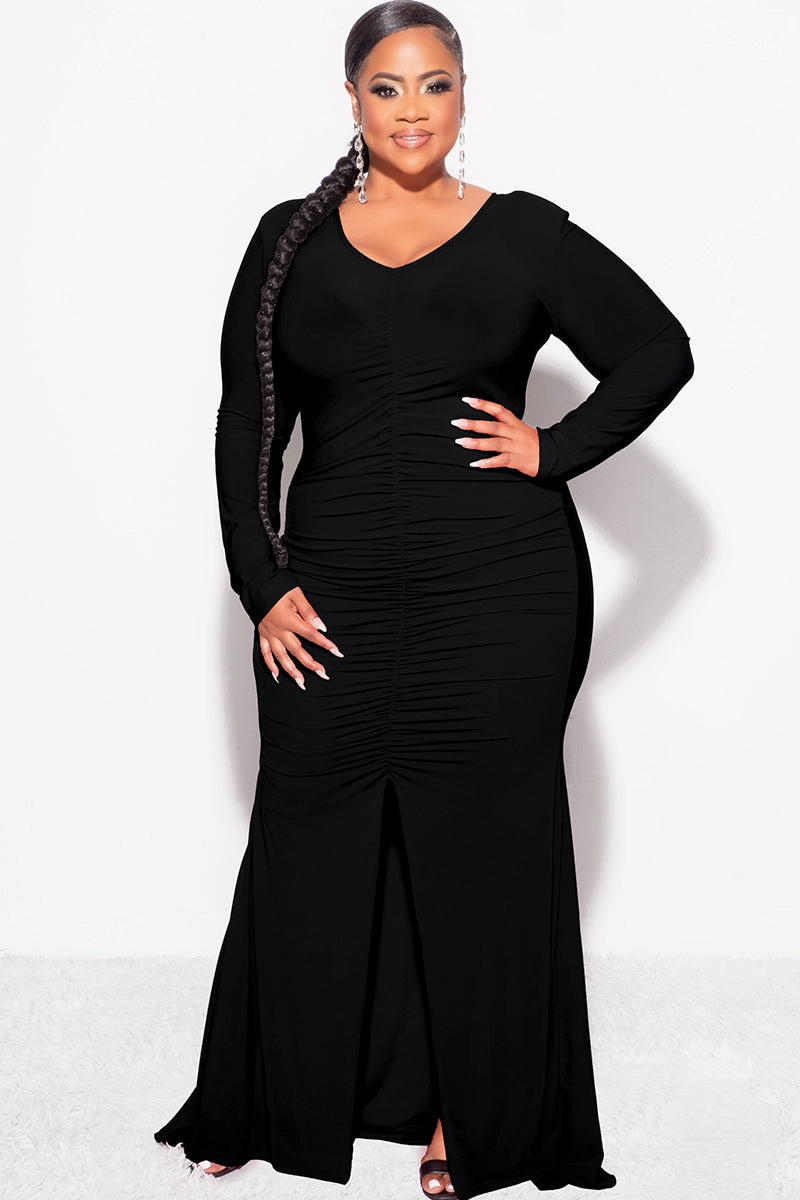 Final Sale Plus Size V-Neck Gown with Center Ruching and Slit in Black SeamlessSidePanels