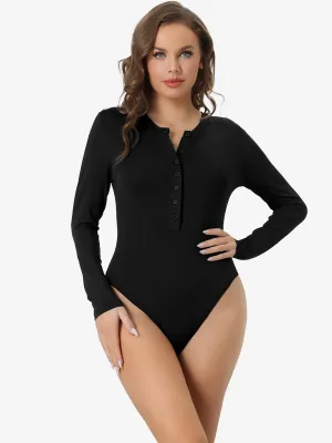 Button Notch Neck Long Sleeve Bodycon Stretchy Bodysuit